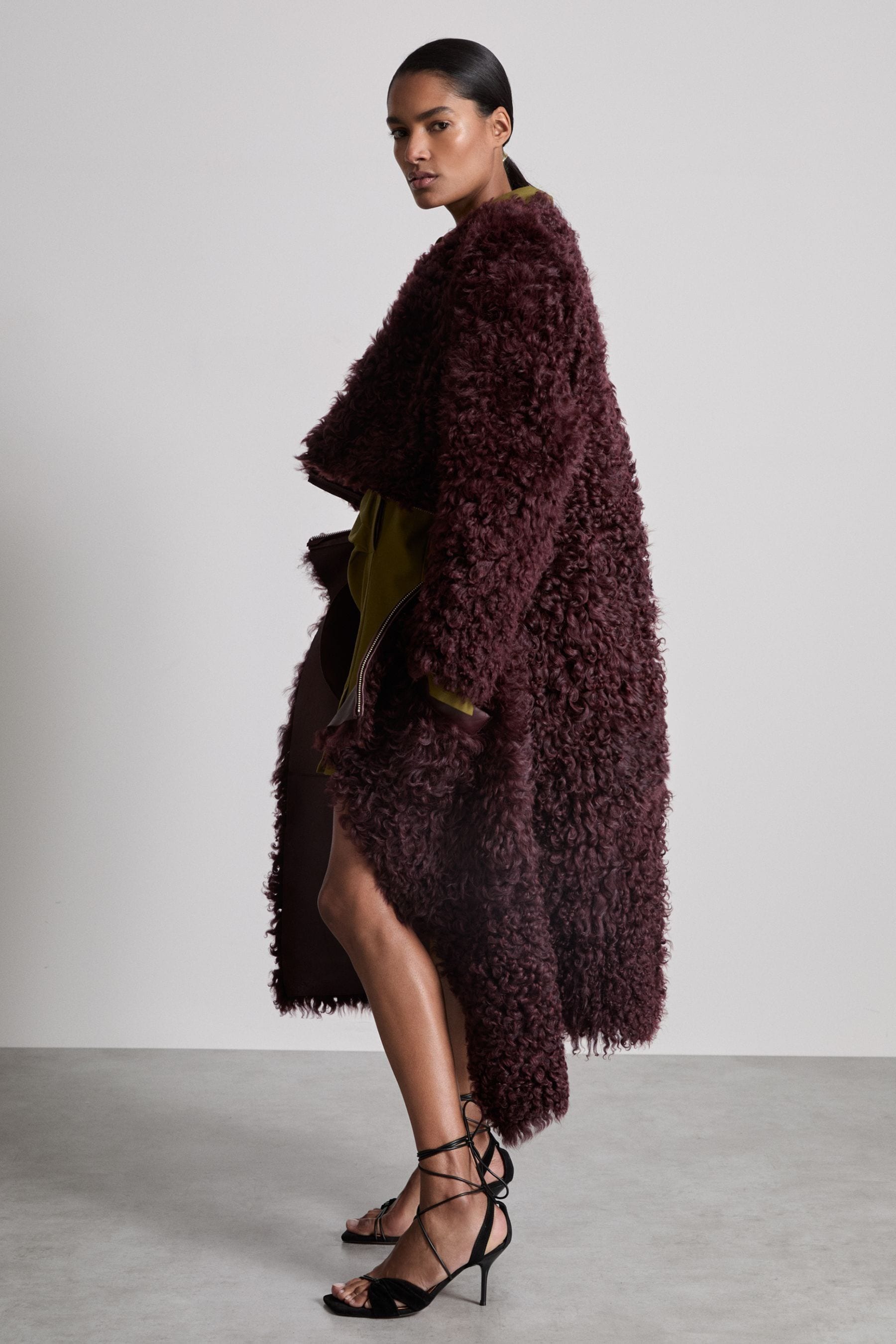 Reiss Dianna Coat Sheepskin Plain, Burgundy Size: M &Amp; L