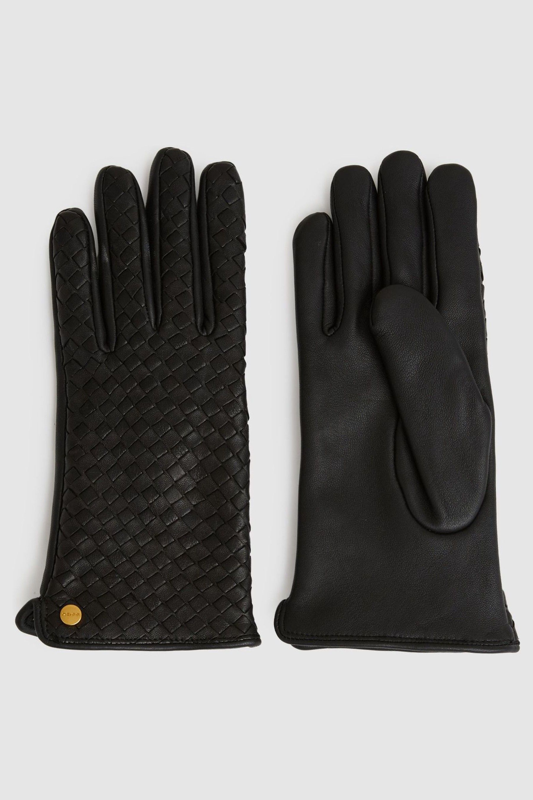 Reiss Black Woven Leather Gloves