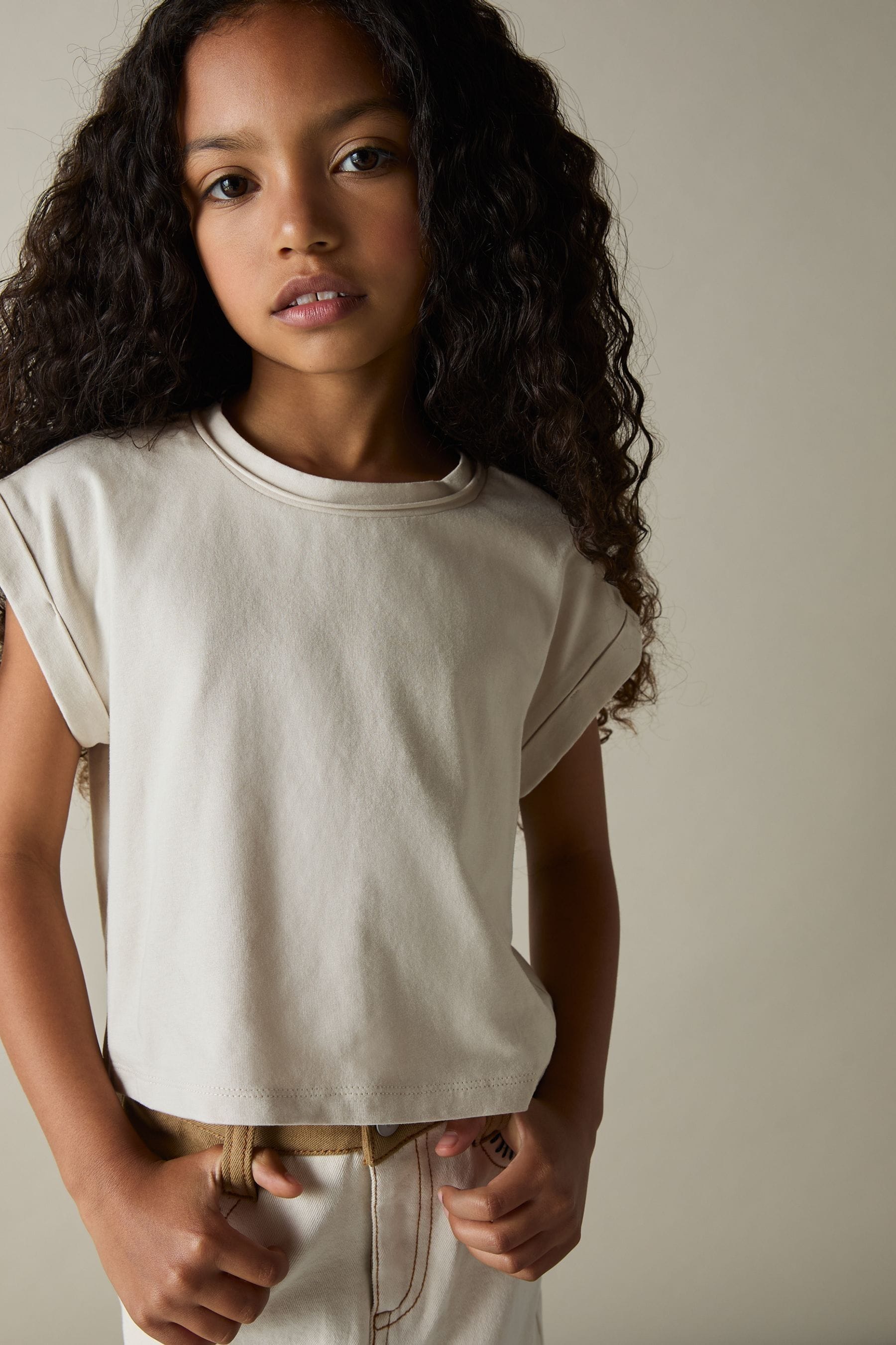 Reiss Terry Crop Top Cotton Plain, Taupe Size: 9-13Yrs