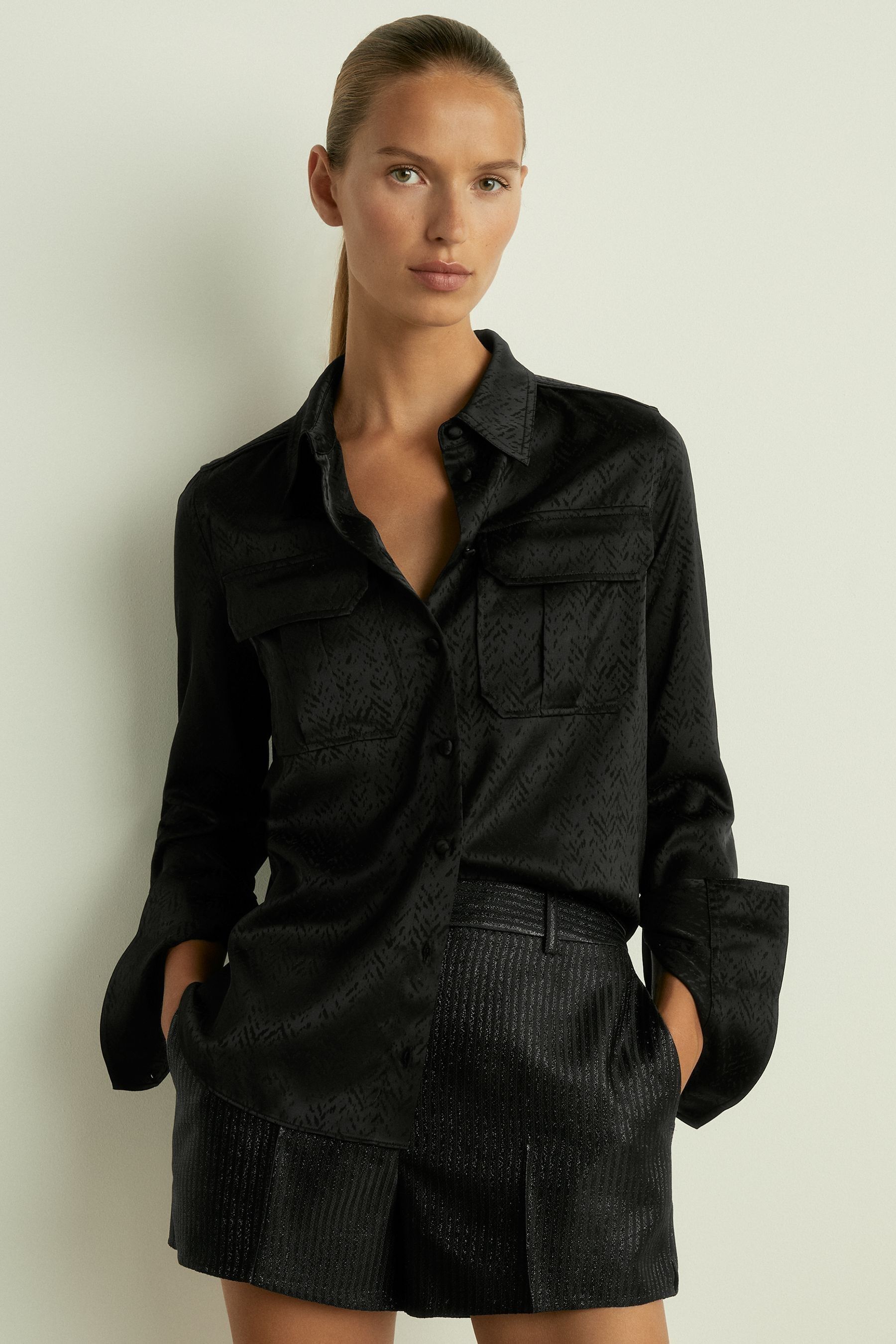 Reiss Black Herringbone-Jacquard Satin Shirt, 18