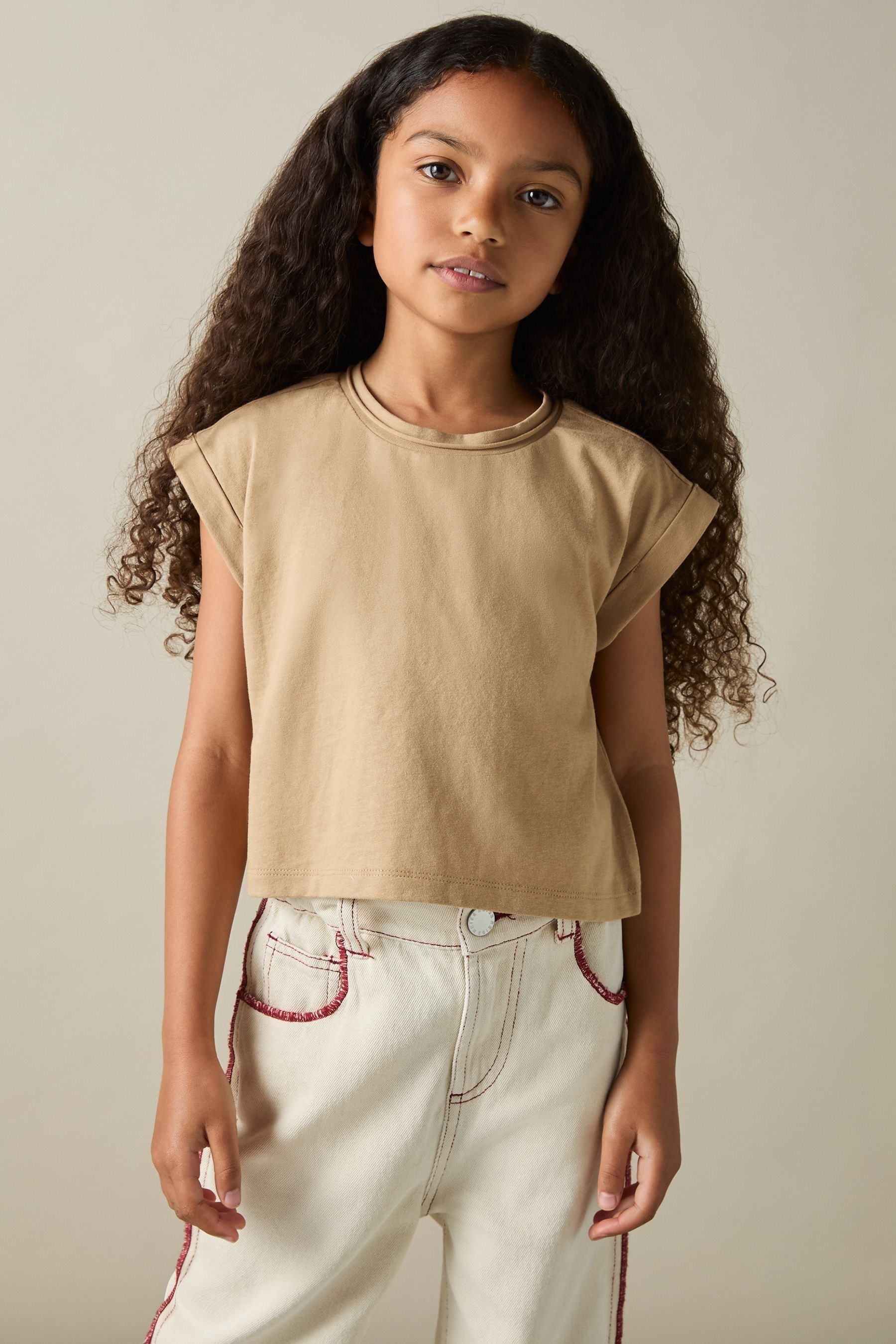 Reiss Terry Crop Top Cotton Plain, Camel Size: Q04