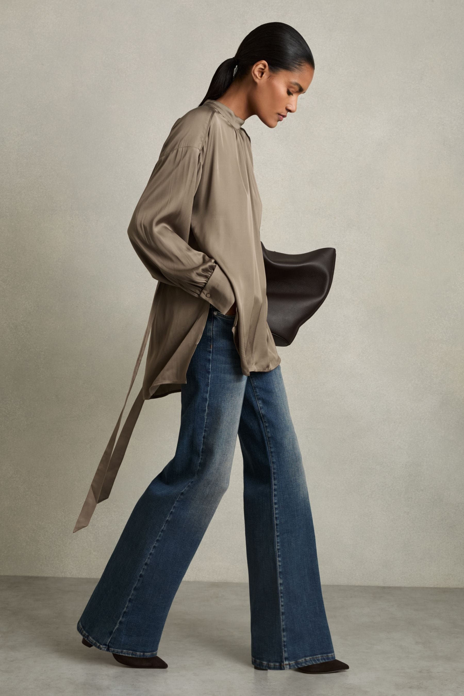 Reiss Mink Woven High-Neck Belted Blouse, 16