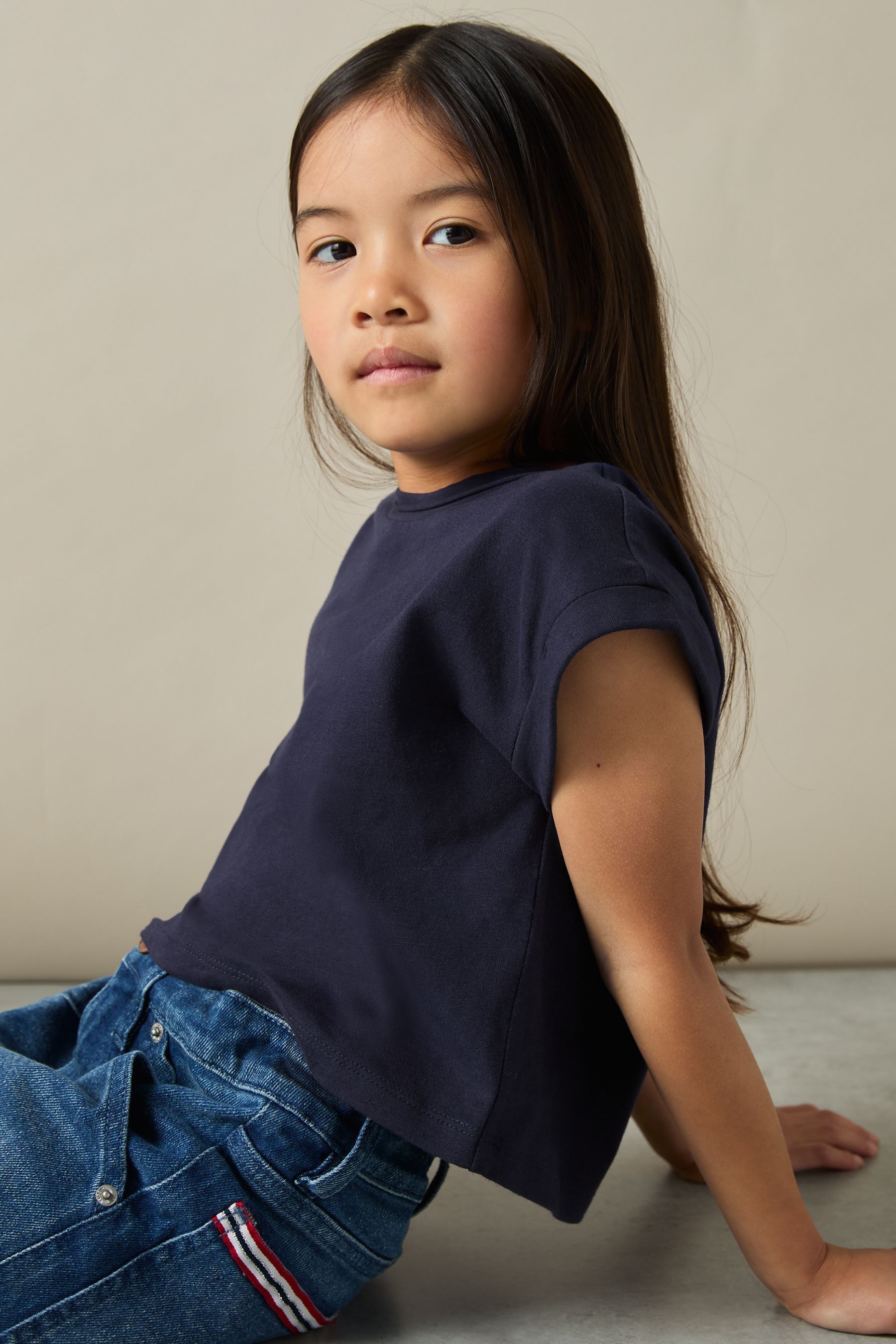 Reiss Terry Crop Top Cotton Plain, Navy Size: 12-13Yrs