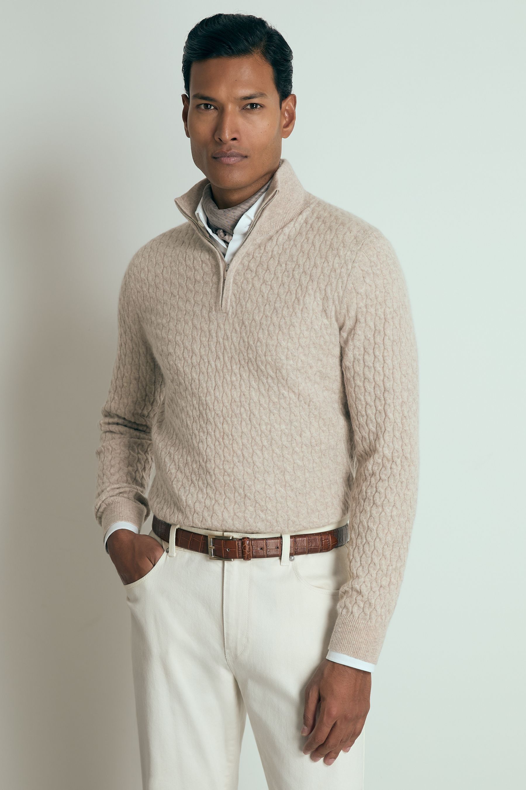 Reiss Oatmeal Melange Atelier Cabled Cashmere Zip Neck Jumper, M