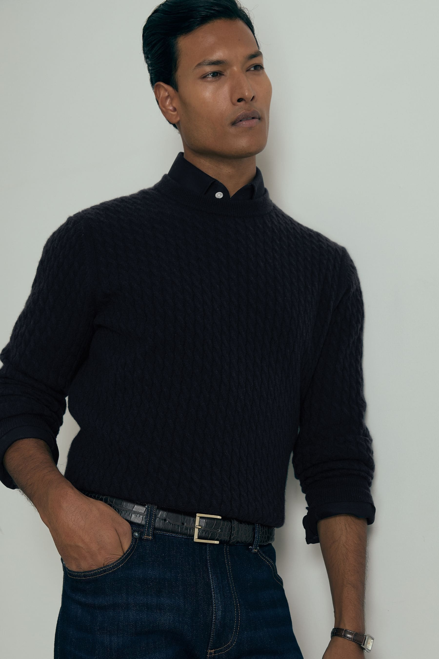 Reiss Navy Atelier Cashmere Cable-knit Crew-neck Jumper, M