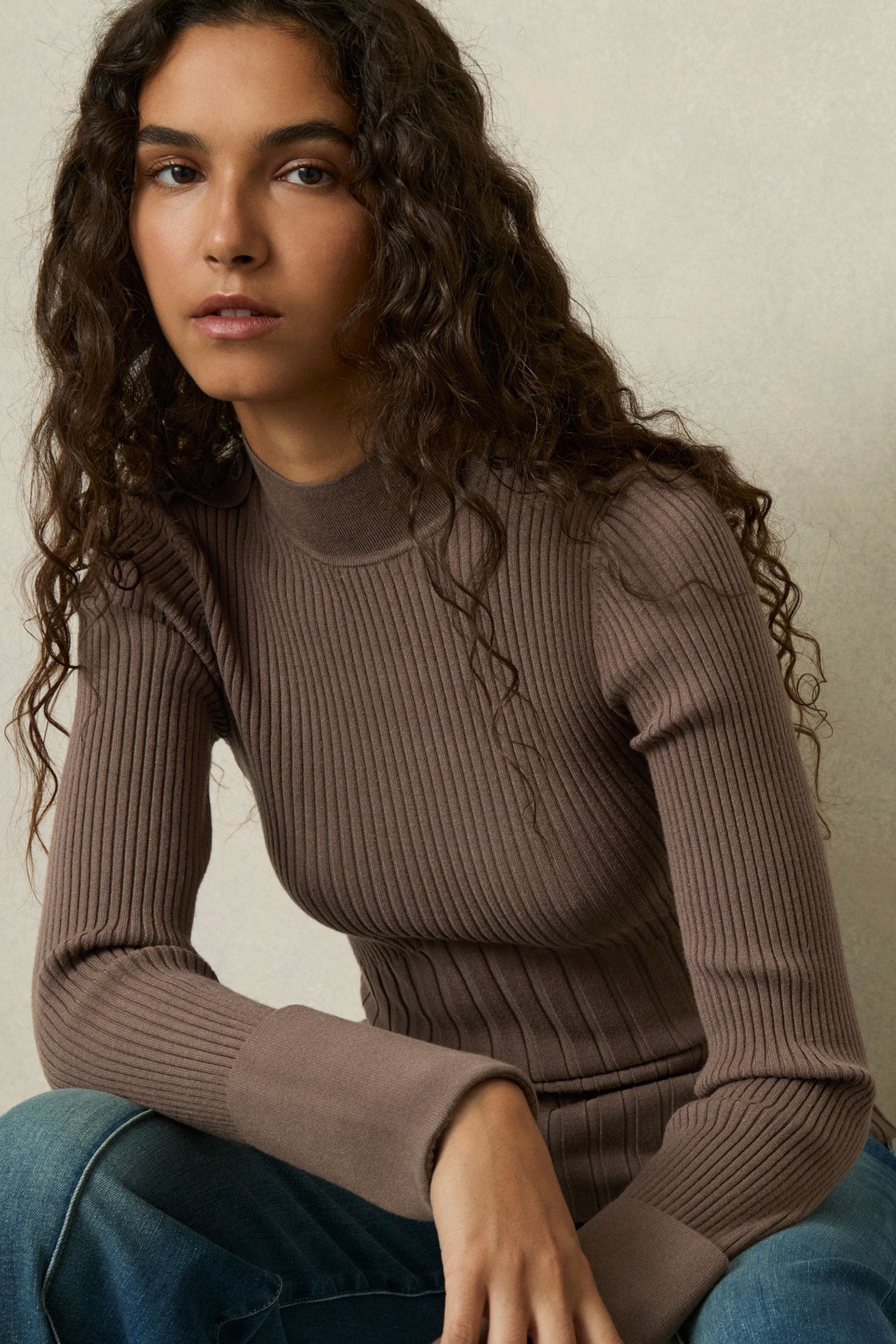 Reiss Mink Rib-knit High-neck Top In Mink