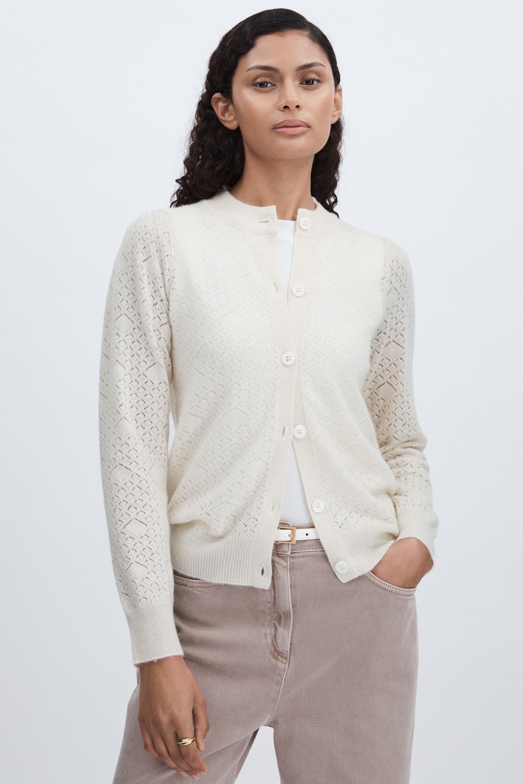 Madeleine Thompson Bergen Cardigan Wool Lace Knit, Cream Size: XS