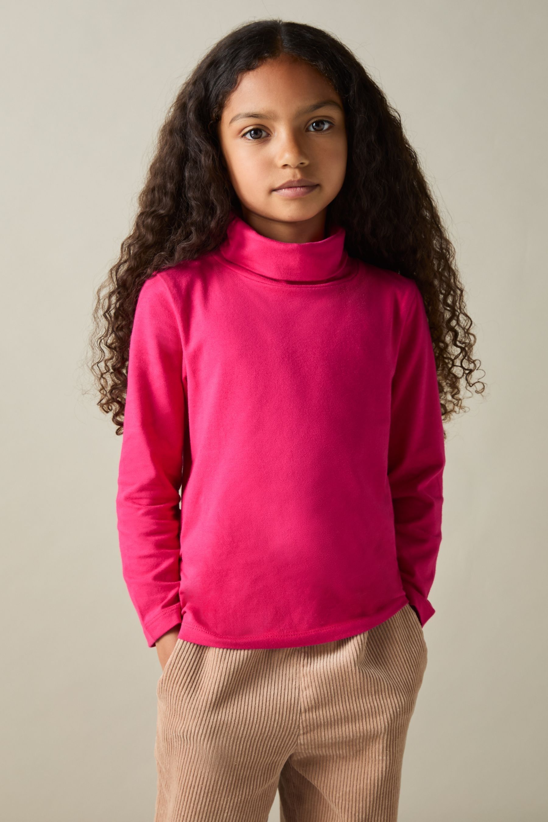 Reiss Kids' Bright Pink 4-9 Yrs Cotton-jersey Roll-neck Top With Stretch