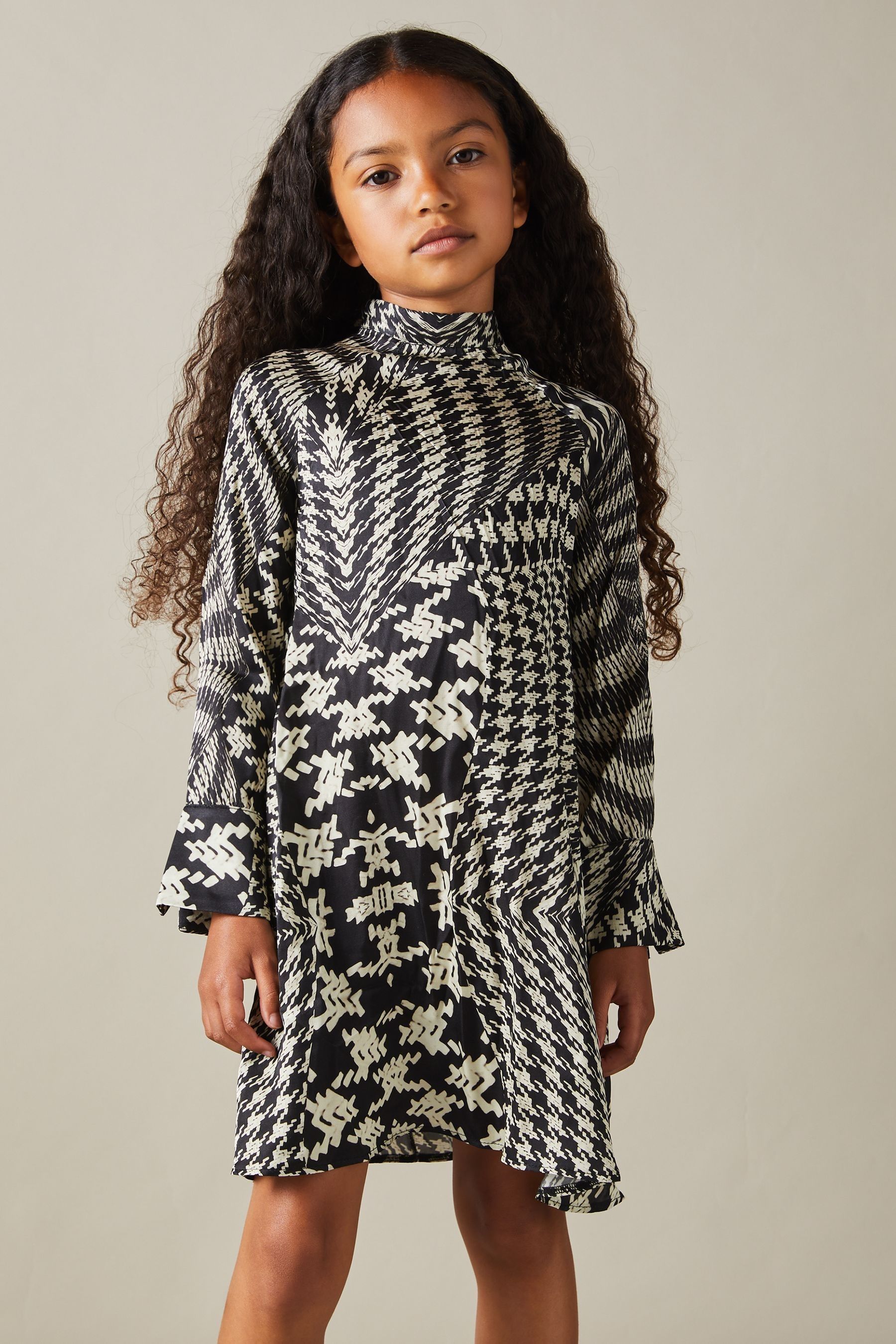 Reiss Black/Cream 9-13 yrs Dogtooth Flared Hem Dress, Q04