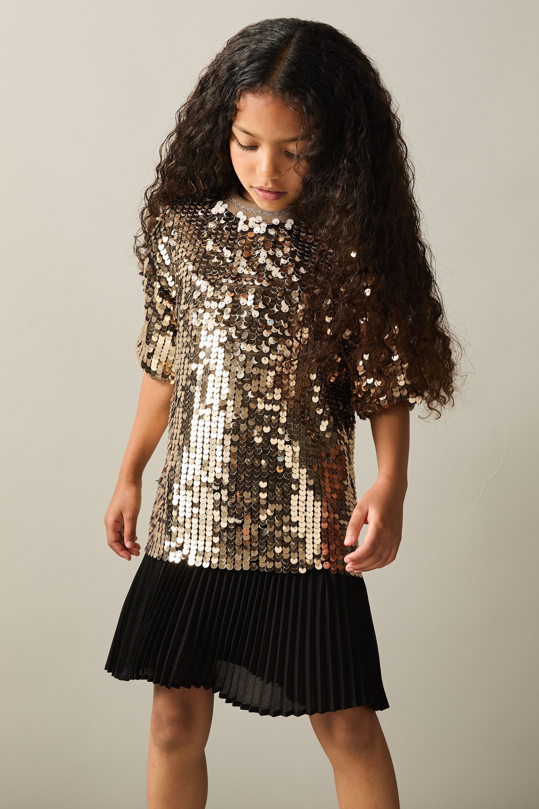 Reiss Gold Sequin T-shirt Dress In Gold