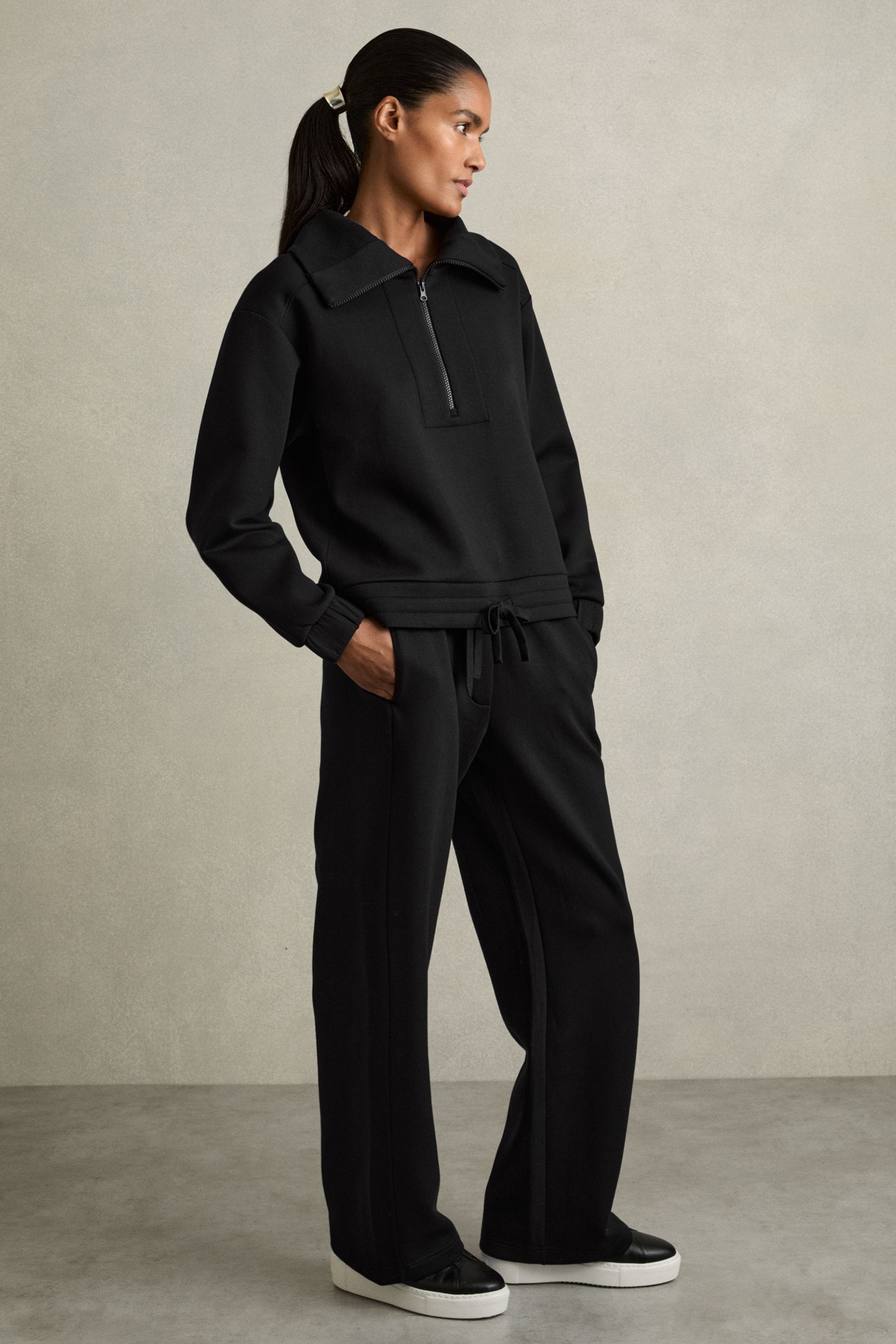 Reiss Black Interlock Half-zip Drawstring-hem Sweatshirt In Black
