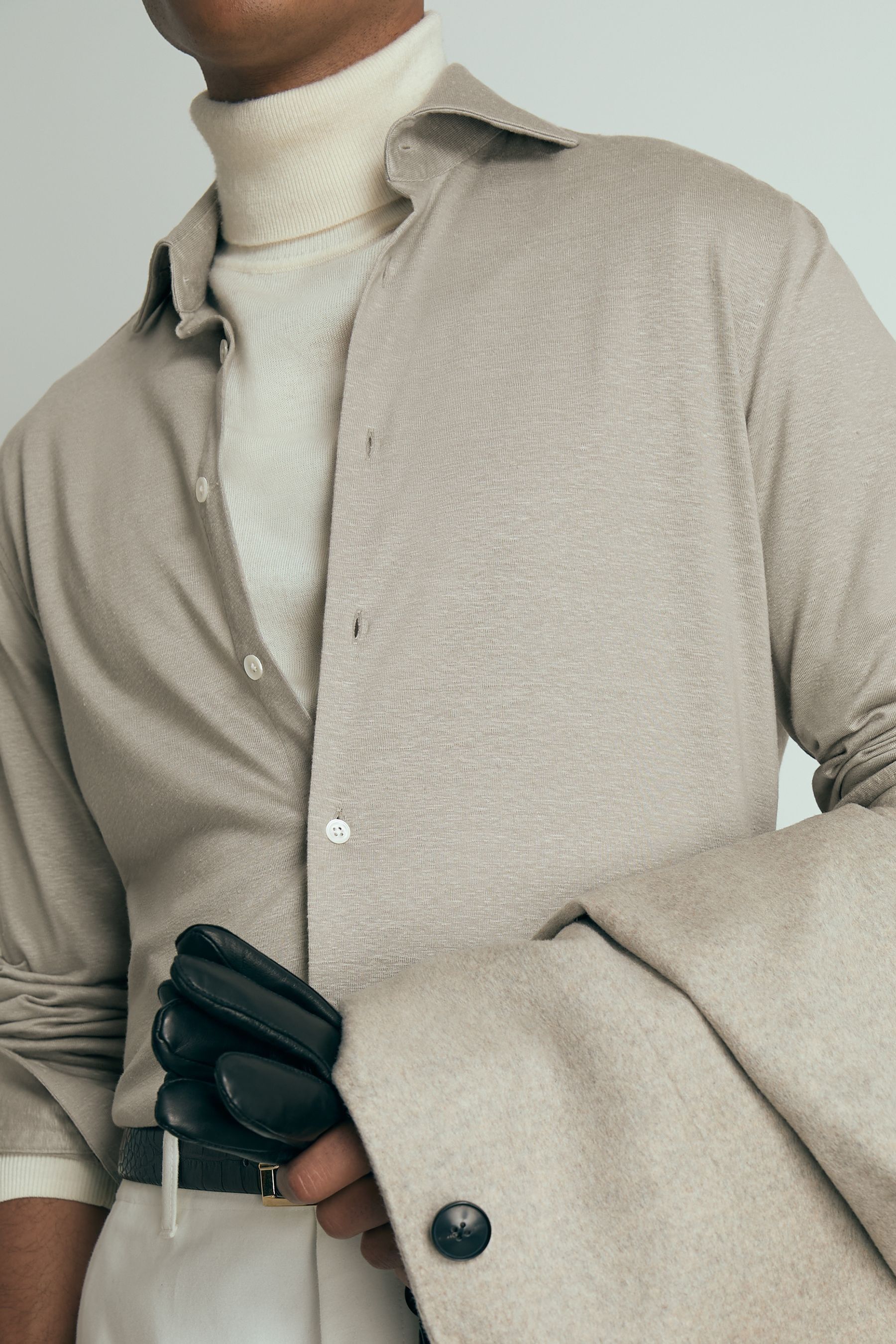 Reiss Grey Melange Atelier Linen Blend Jersey Shirt