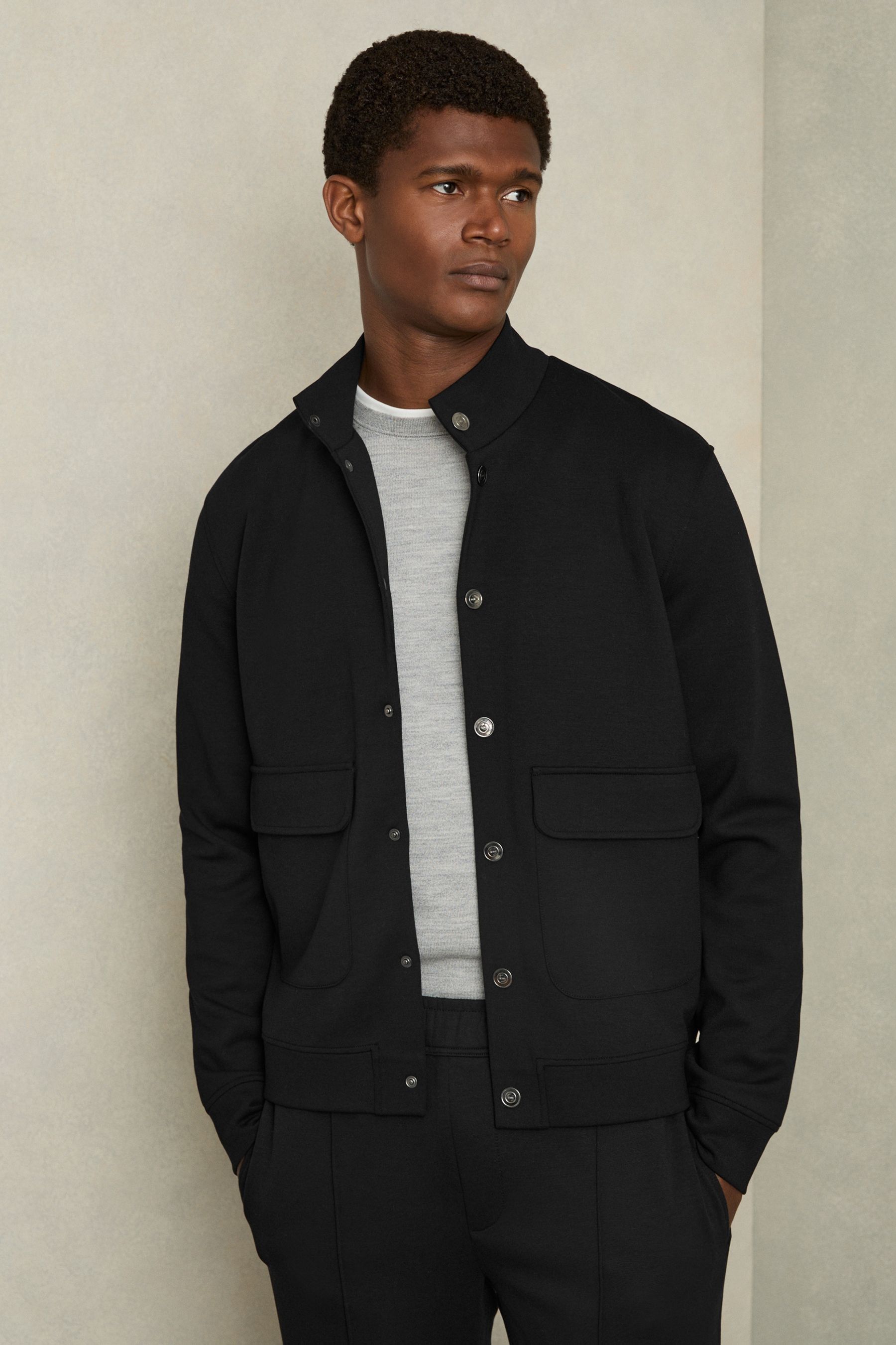 Reiss Black Interlock Funnel-Neck Jacket, Xxl