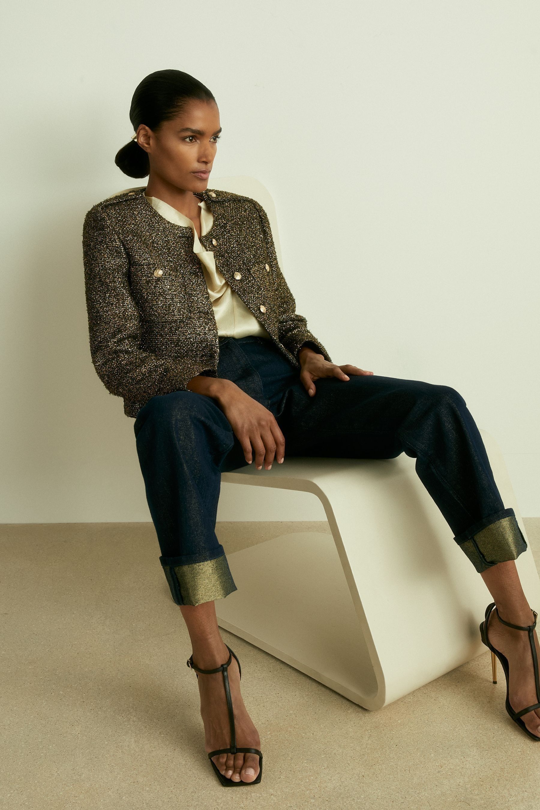 Reiss Gold Petite Metallic Knit Cropped Jacket