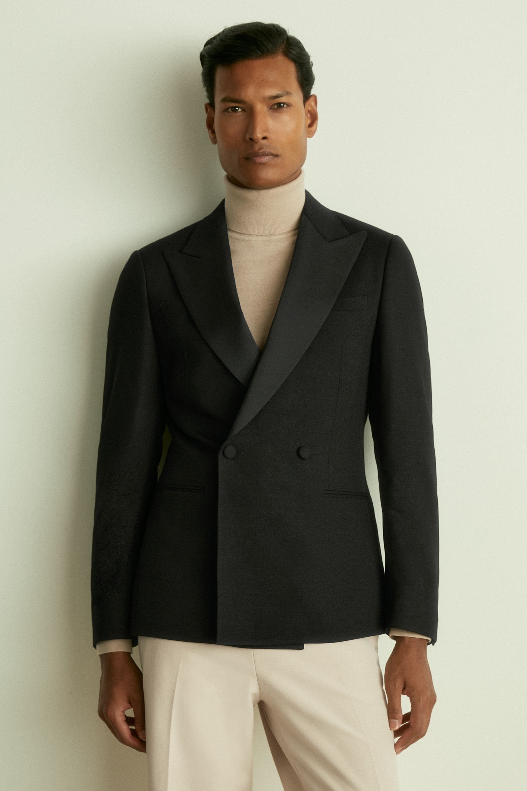 Reiss Black Thom Double-breasted Hopsack Tuxedo Jacket In Black