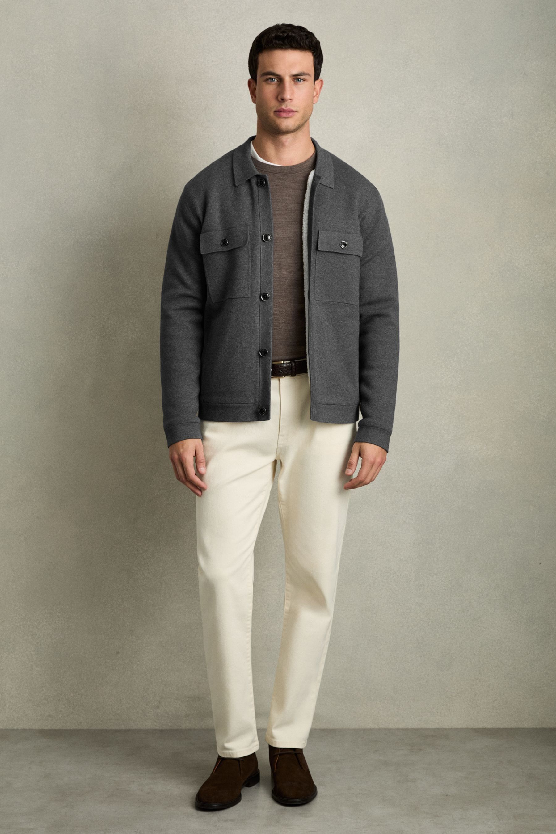 Reiss Mid Grey Melange Fleece-lined Button-through Jacket In Mid Grey Melange