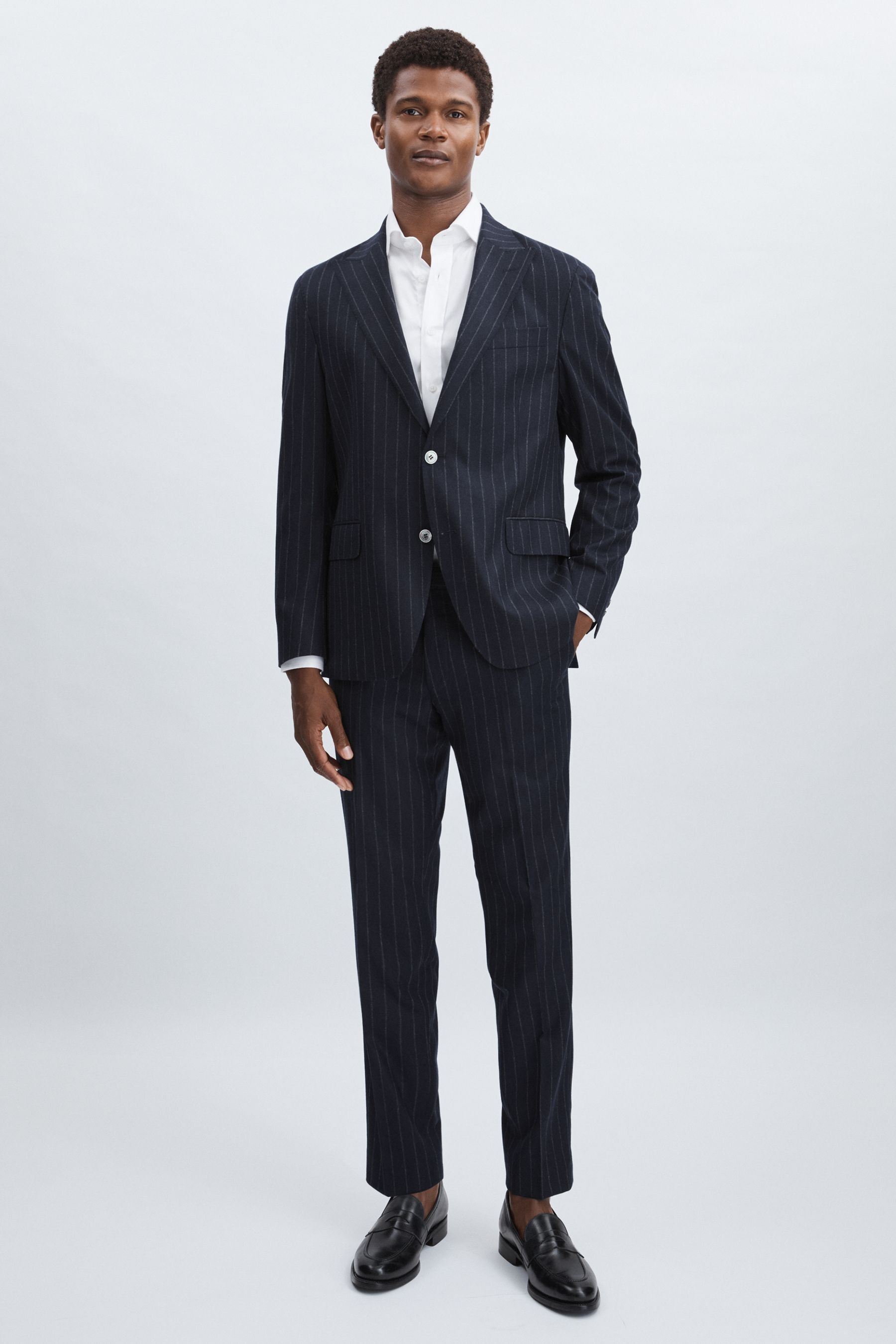 Oscar Jacobson Wool Slim-Fit Pinstripe Suit Trousers, Navy, 32