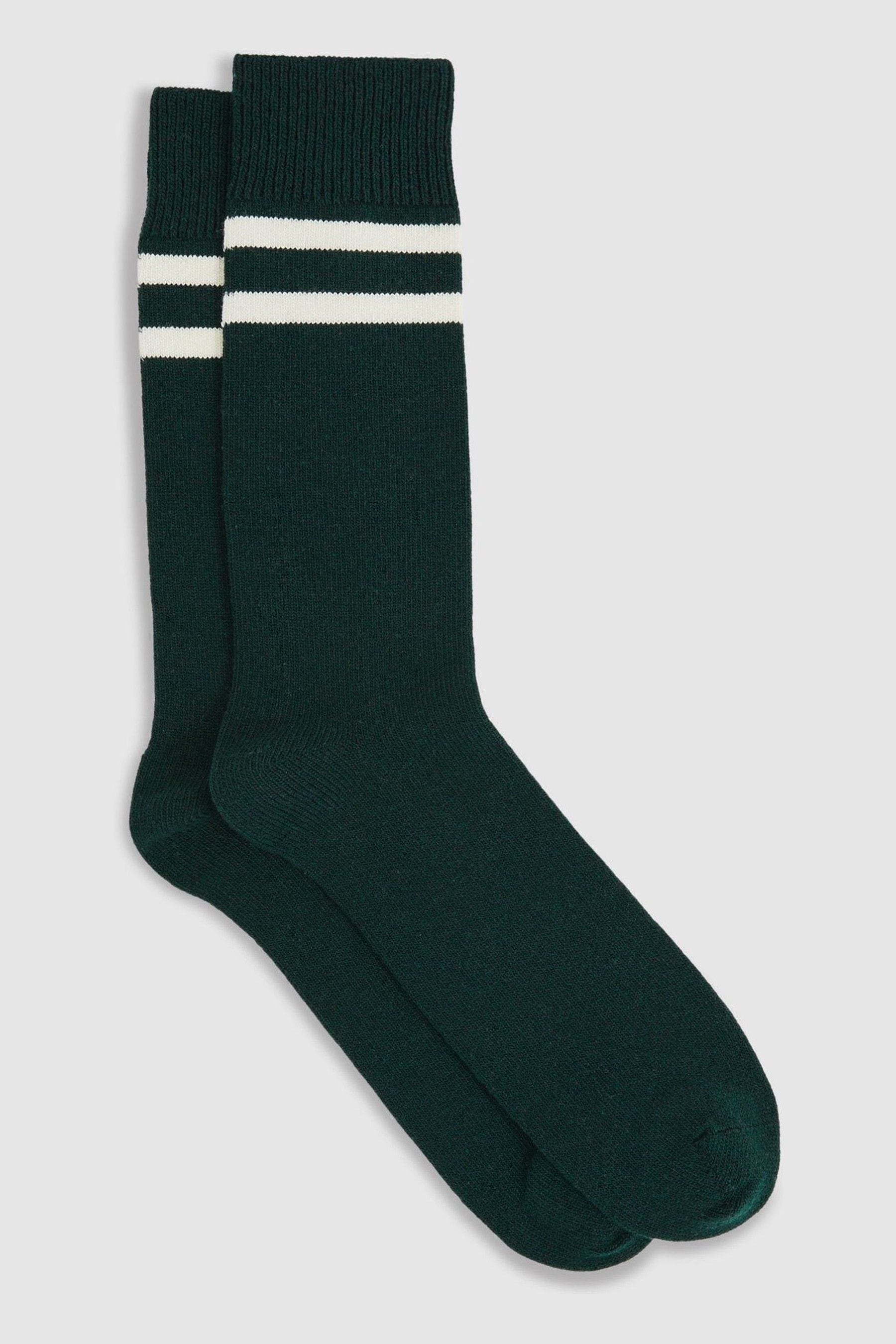 Reiss Forest Green/ecru Striped Socks With Wool And Cashmere In Forest Green/ecru