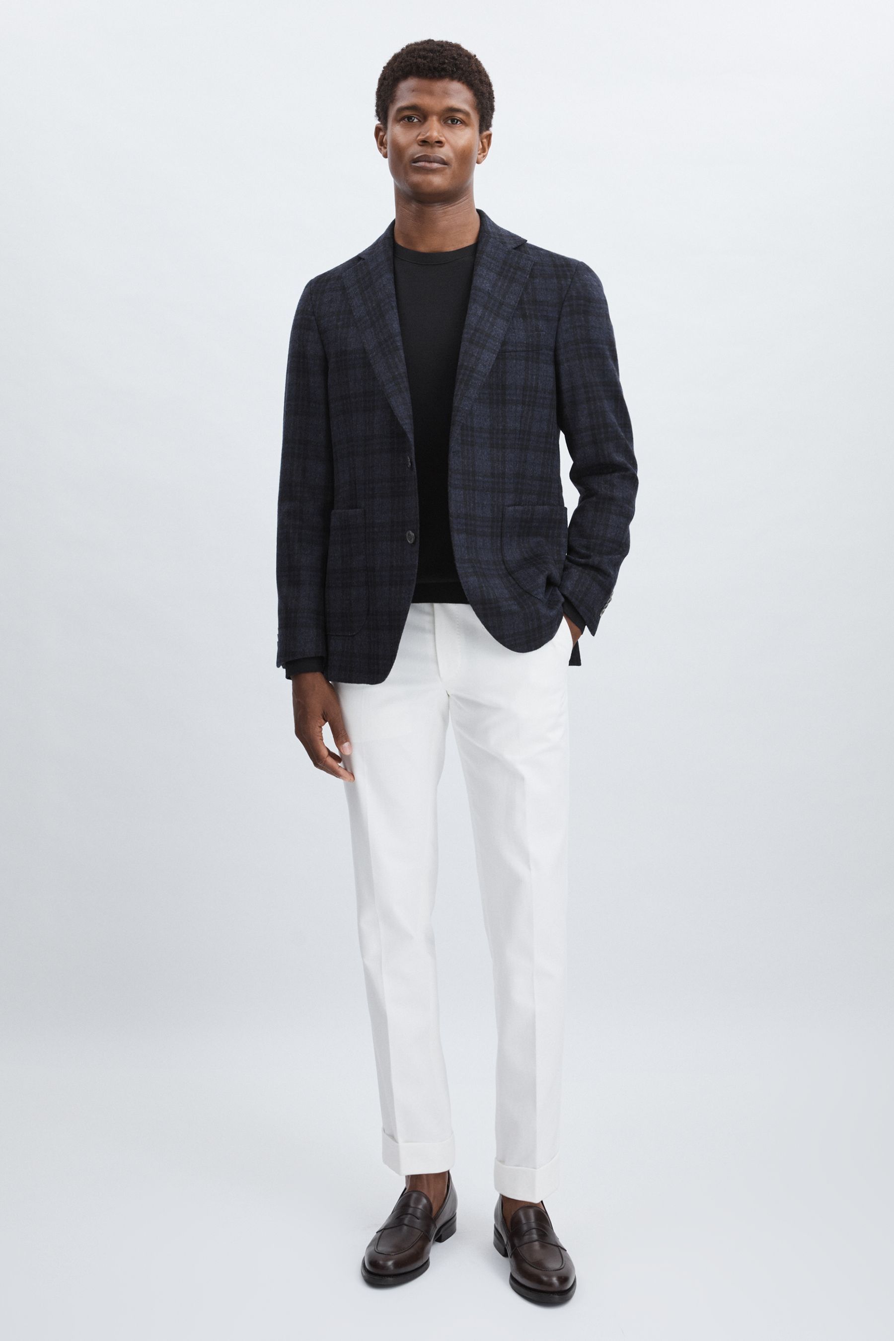 Oscar Jacobson Single Breasted Tweed Check Blazer, Navy, 48