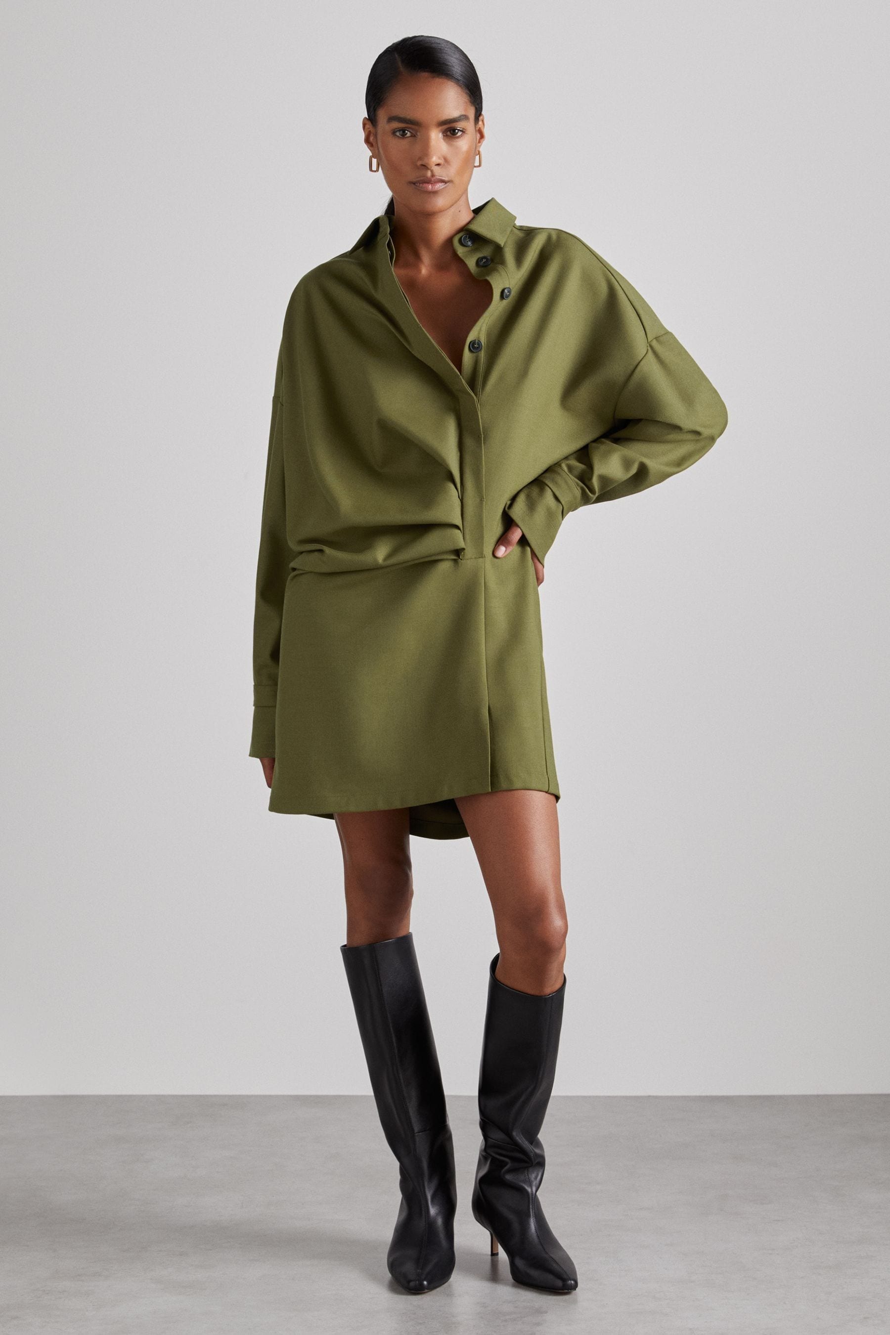 Reiss Khaki Atelier Draped Shirt Dress With Wool In Khaki