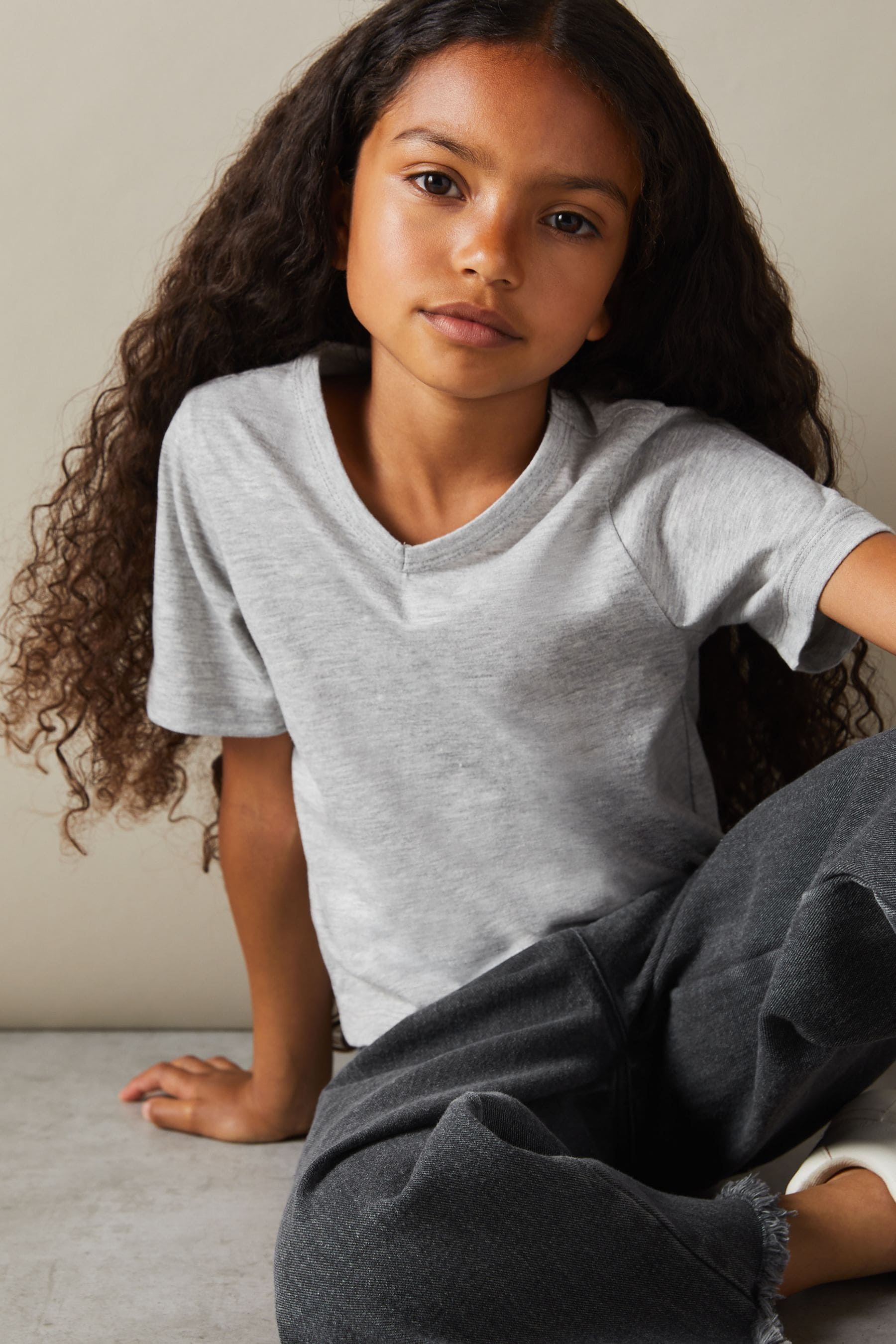 Reiss Grey Marl Bailey 9-13 Yrs Cotton-blend V-neck T-shirt