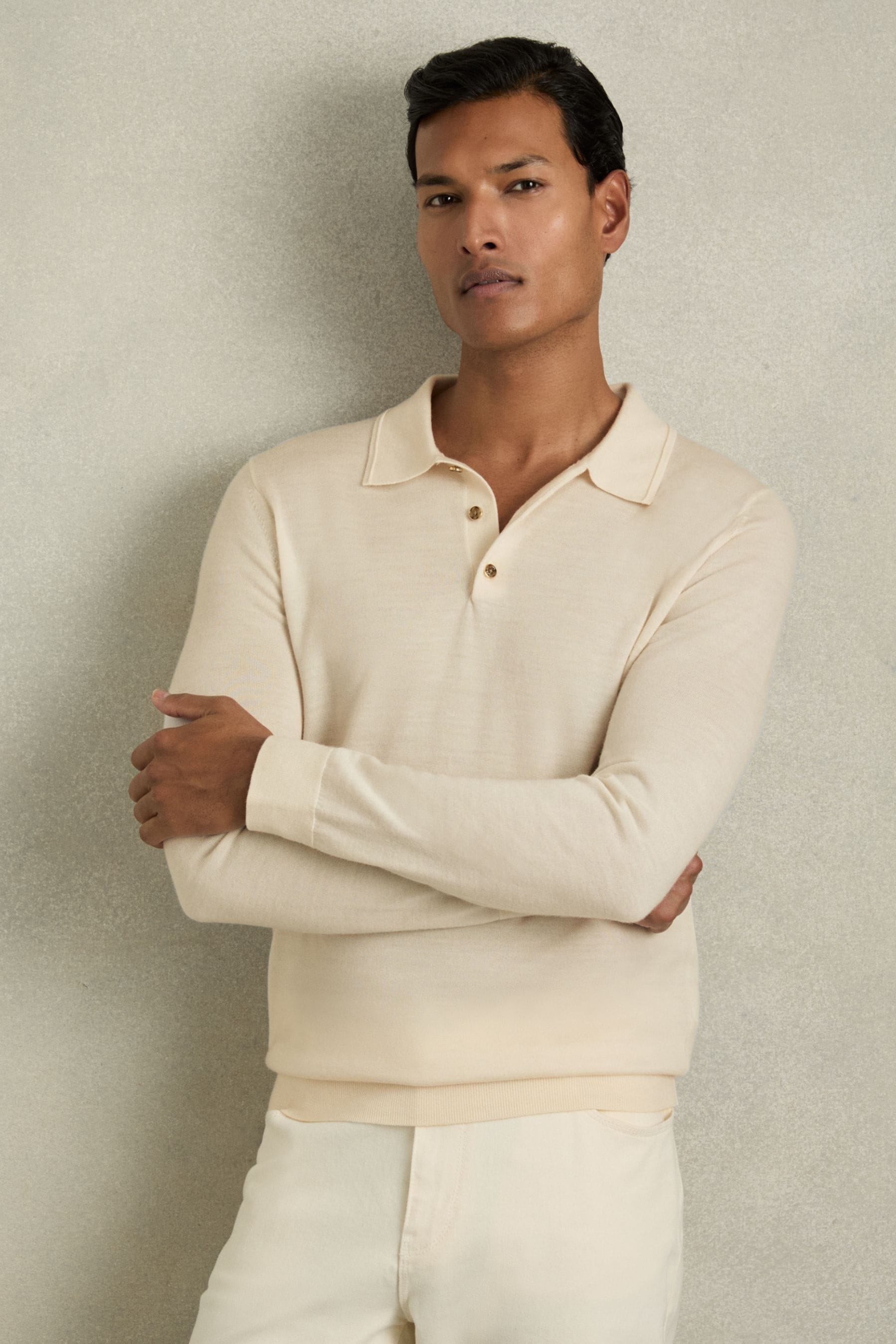 Reiss Snow White Merino Wool Long-Sleeve Polo Shirt, XL