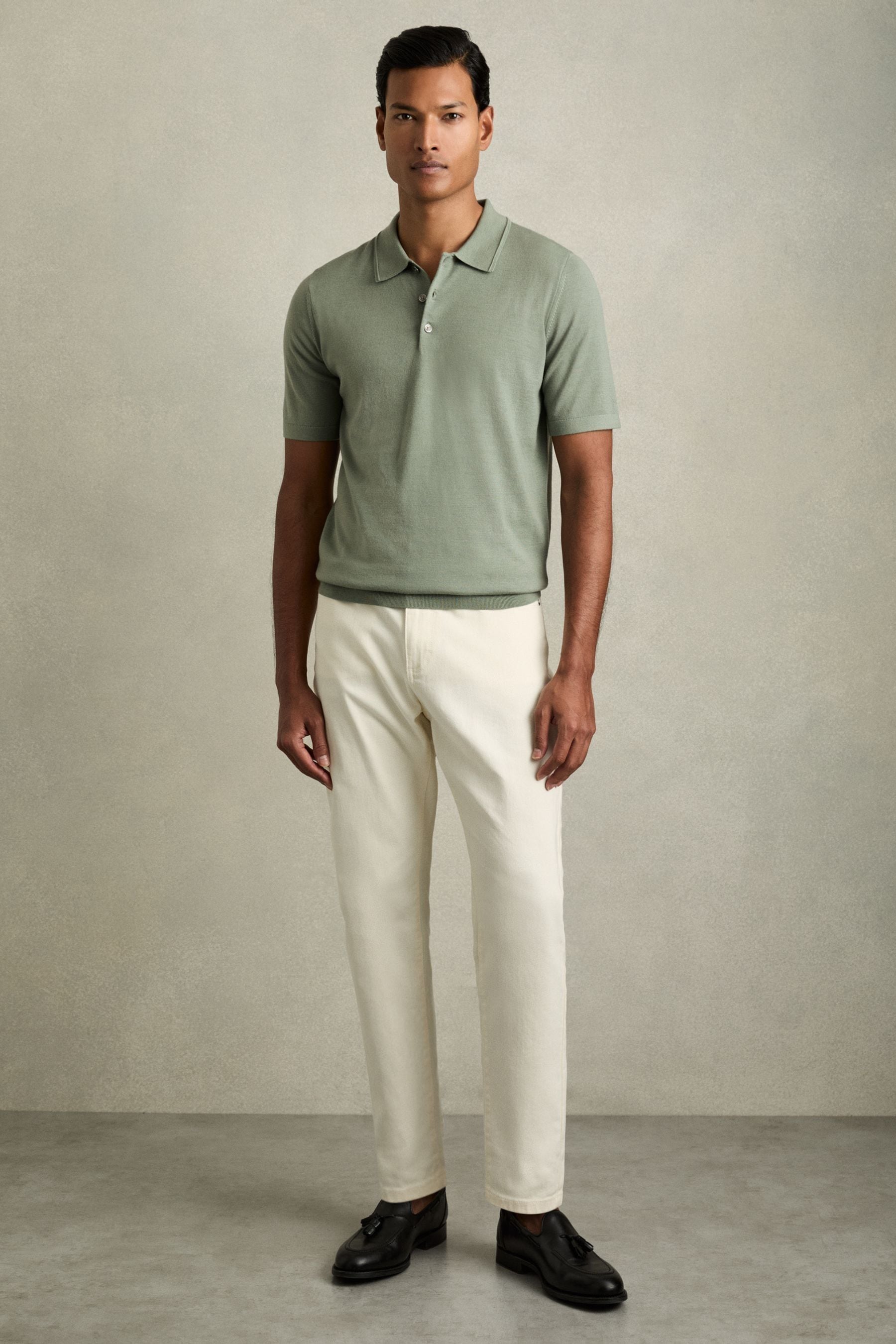 Reiss Herb Green Merino Wool Short-sleeve Polo Shirt