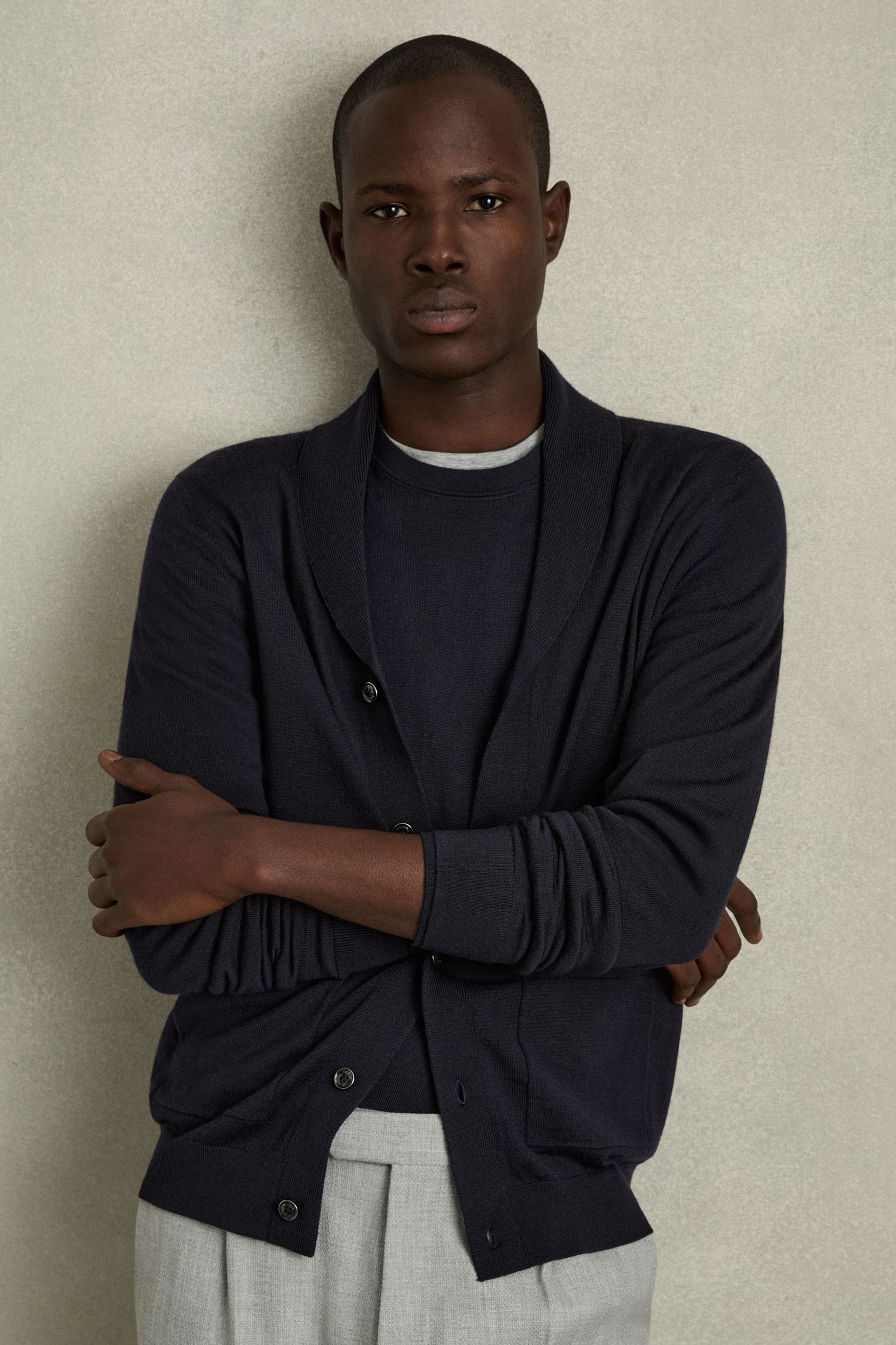 Reiss Navy Merino Wool Shawl-collar Cardigan