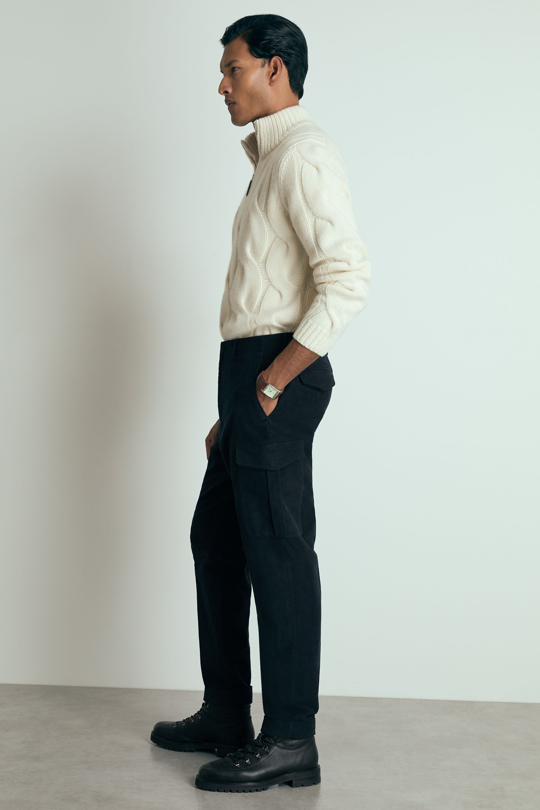 Reiss Lato Navy Atelier Cotton-Moleskin Cargo Trousers, 28, Navy/Camel