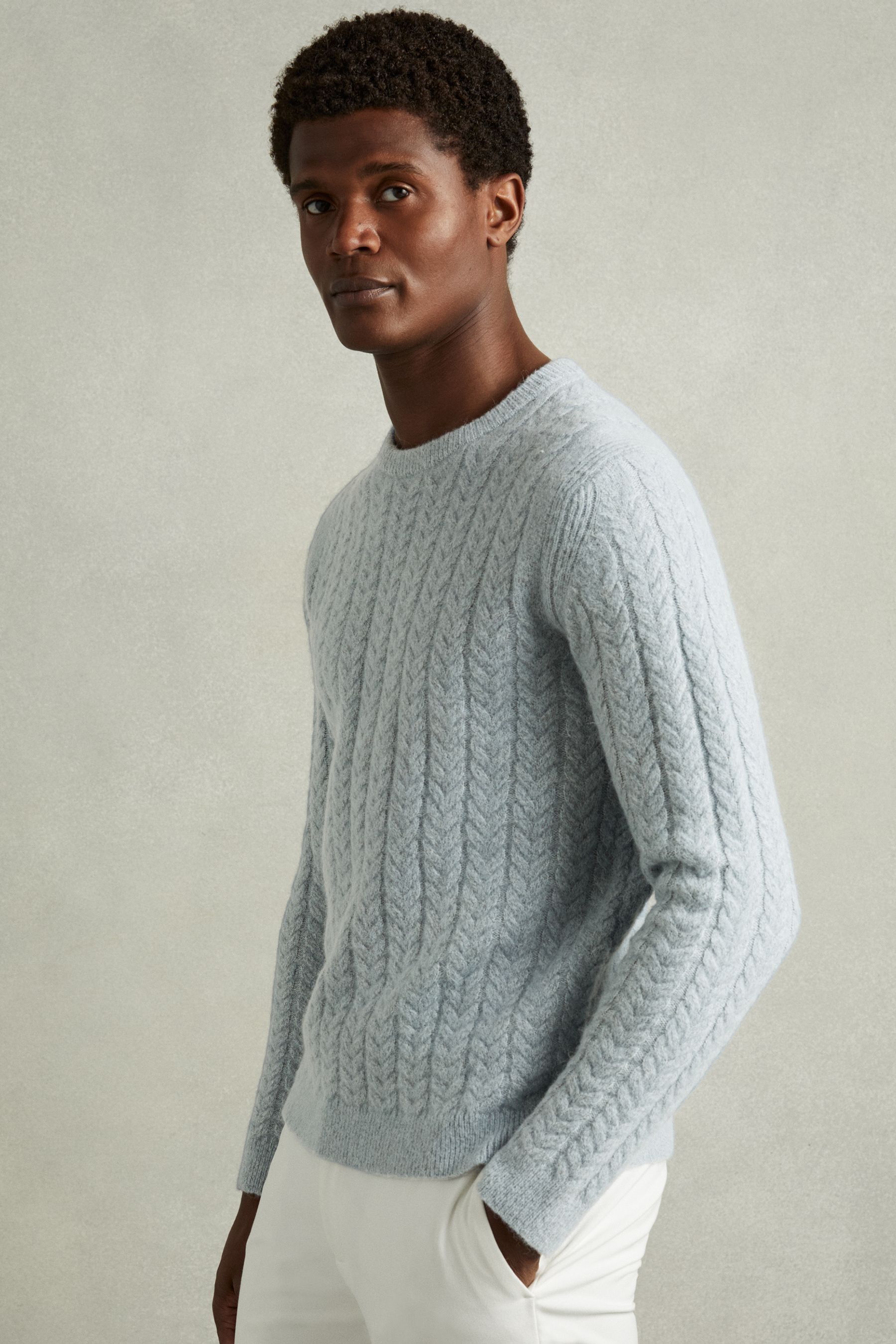 Reiss Soft Blue Cabled Jumper With Wool and Alpaca, L