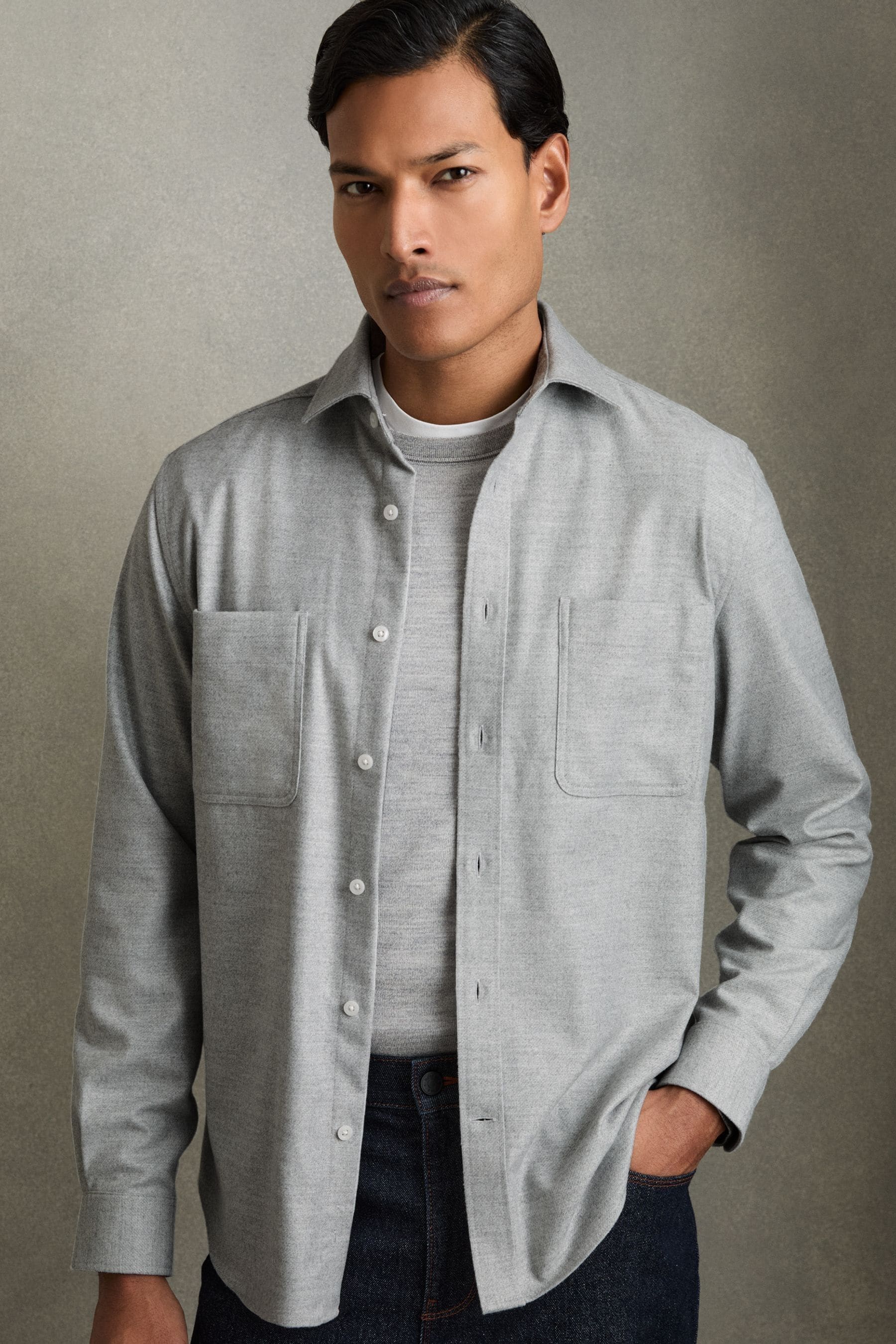 Reiss Soft Grey Melange Twin-pocket Button-through Overshirt In Soft Grey Melange