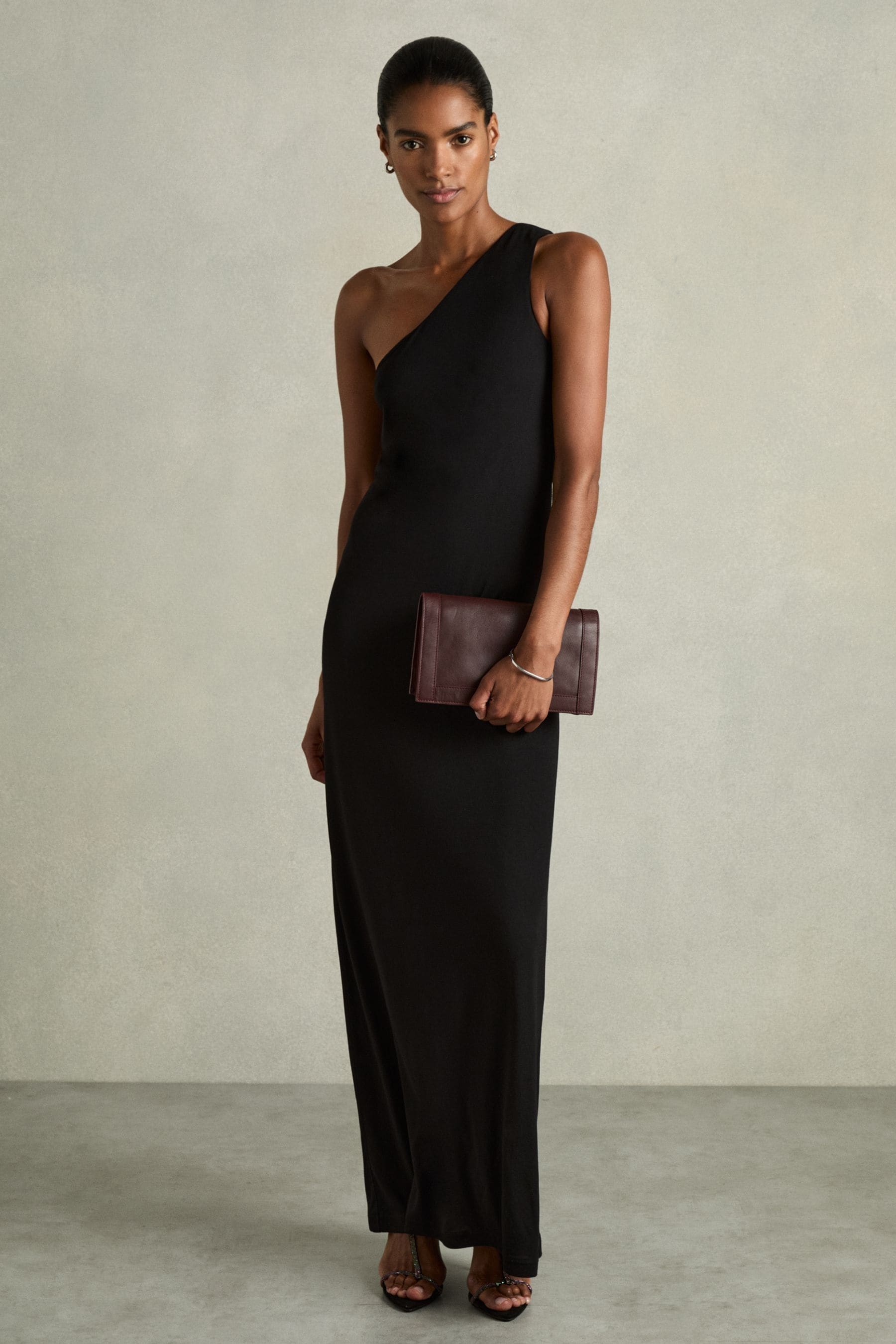 Shop Reiss Black Morgaine One-shoulder Jersey Maxi Dress