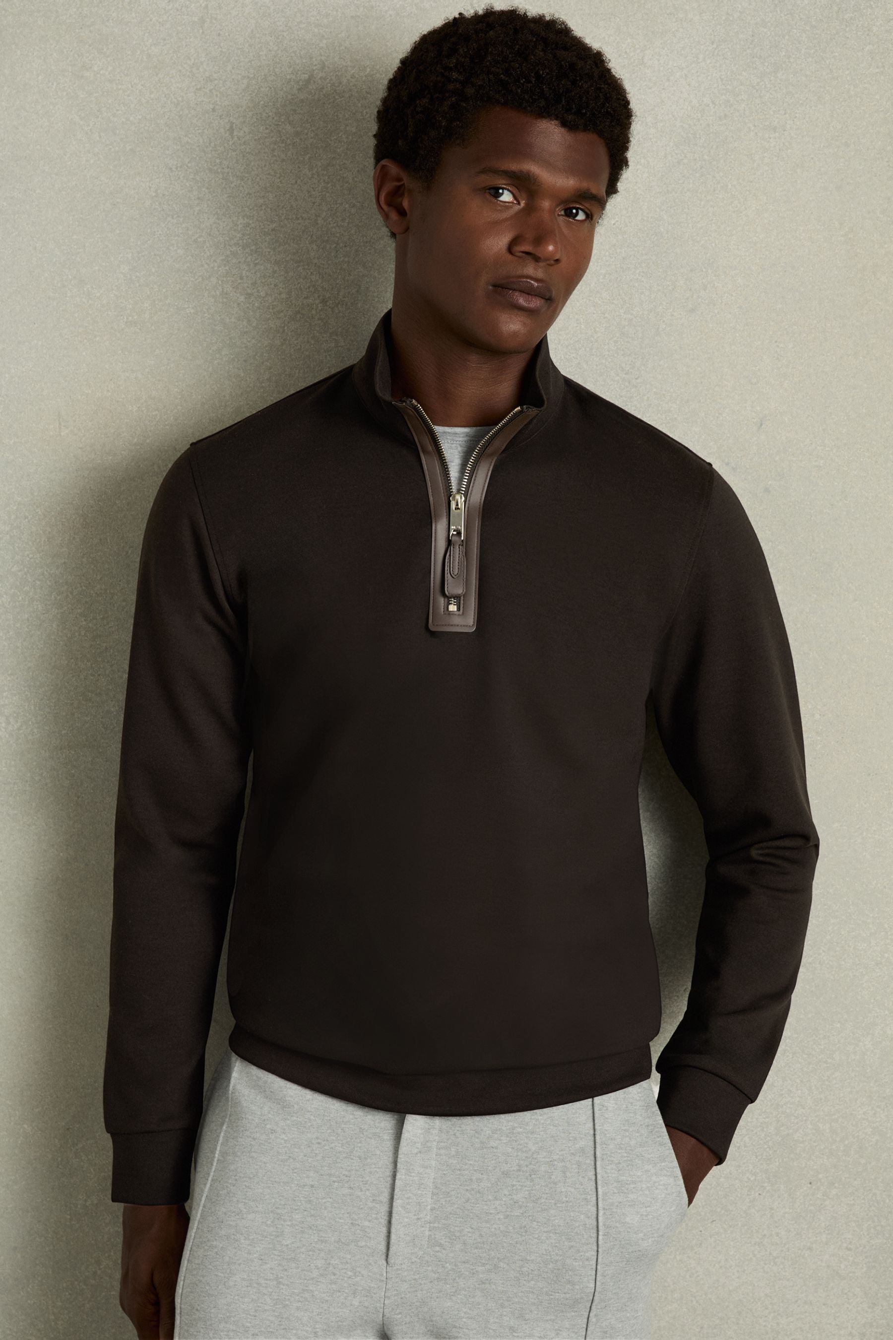 Reiss Chocolate Brown Leather-placket Interlock-jersey Sweatshirt In Chocolate Brown