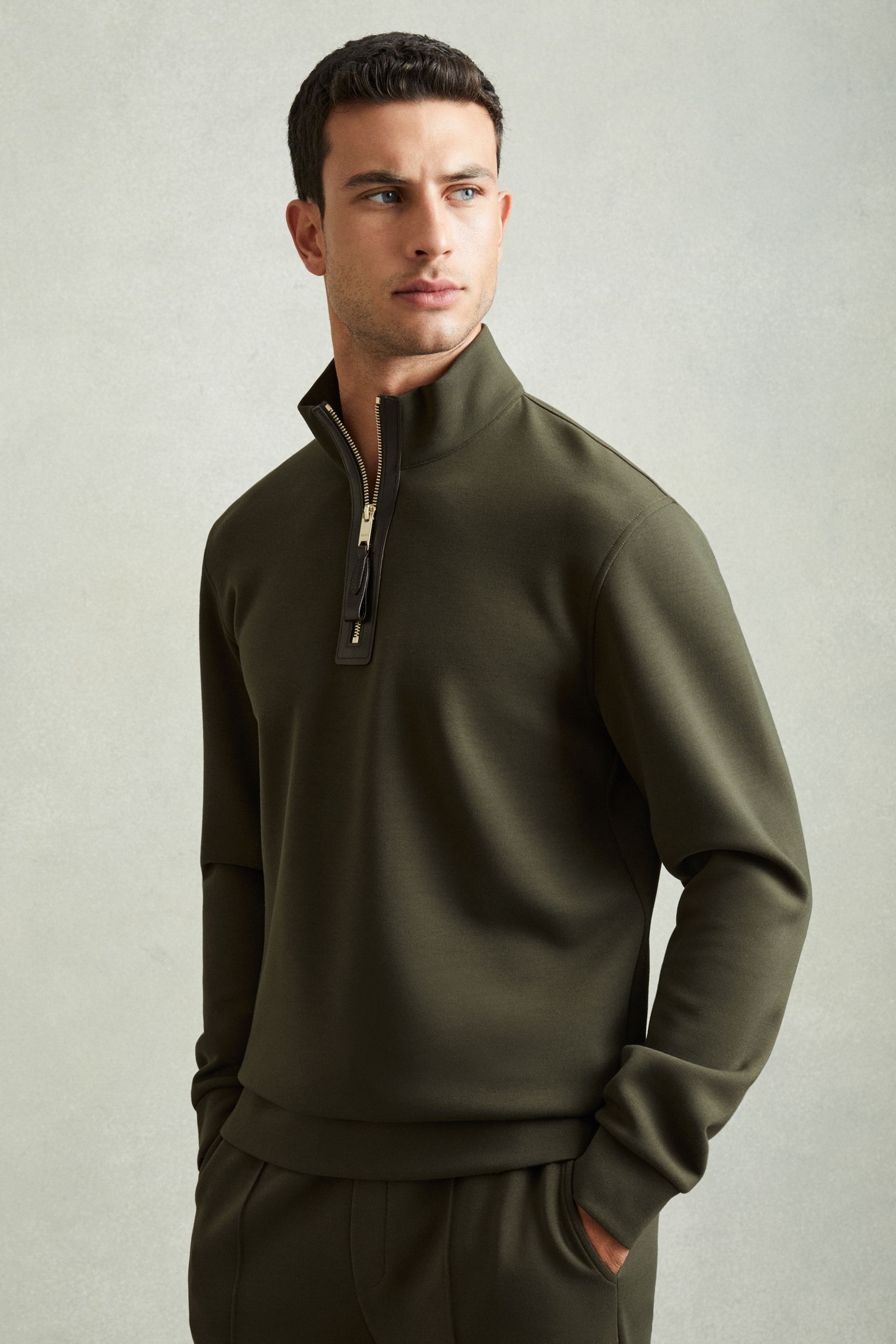 Reiss Forest Green Leather-placket Interlock-jersey Sweatshirt In Forest Green