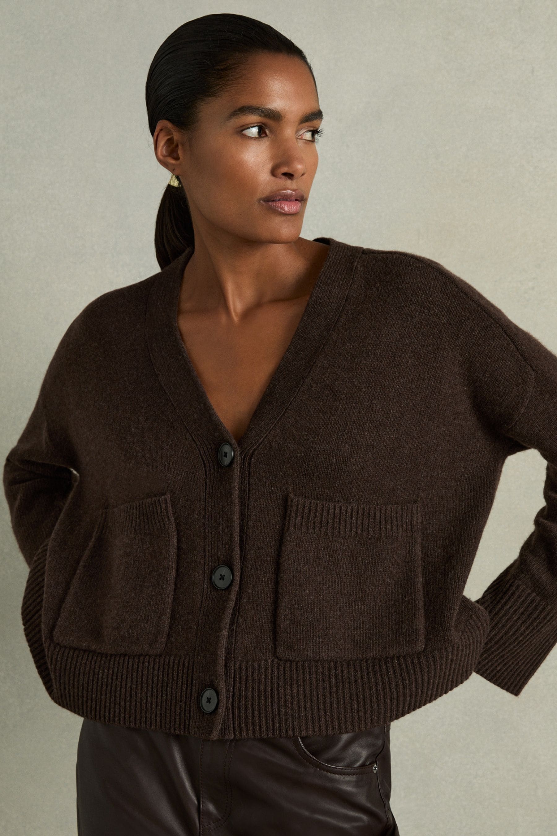 Reiss Chocolate Wool-cashmere Patch-pocket Cardigan In Chocolate