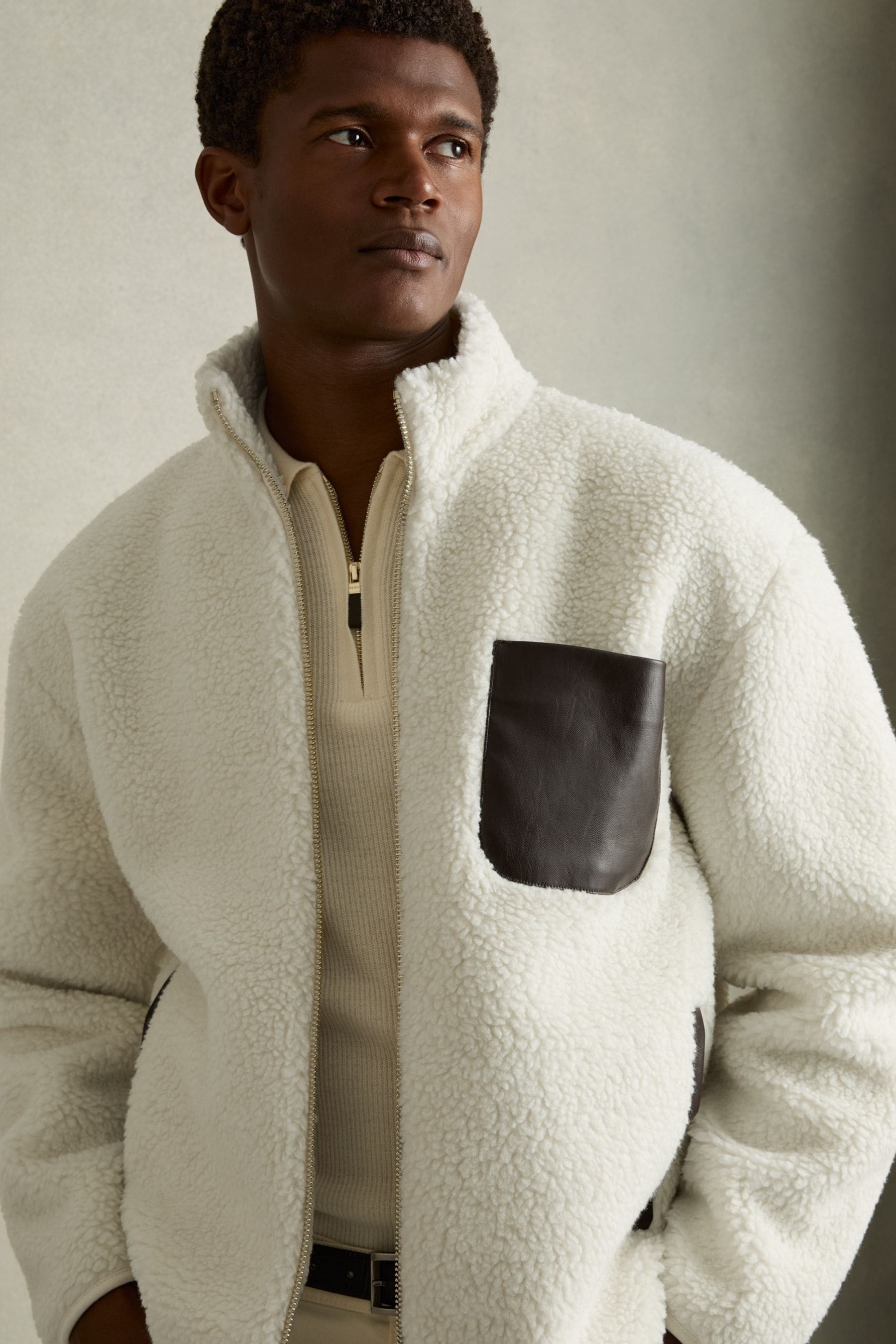 Reiss Ecru Fleece Zip-Through Jacket, L