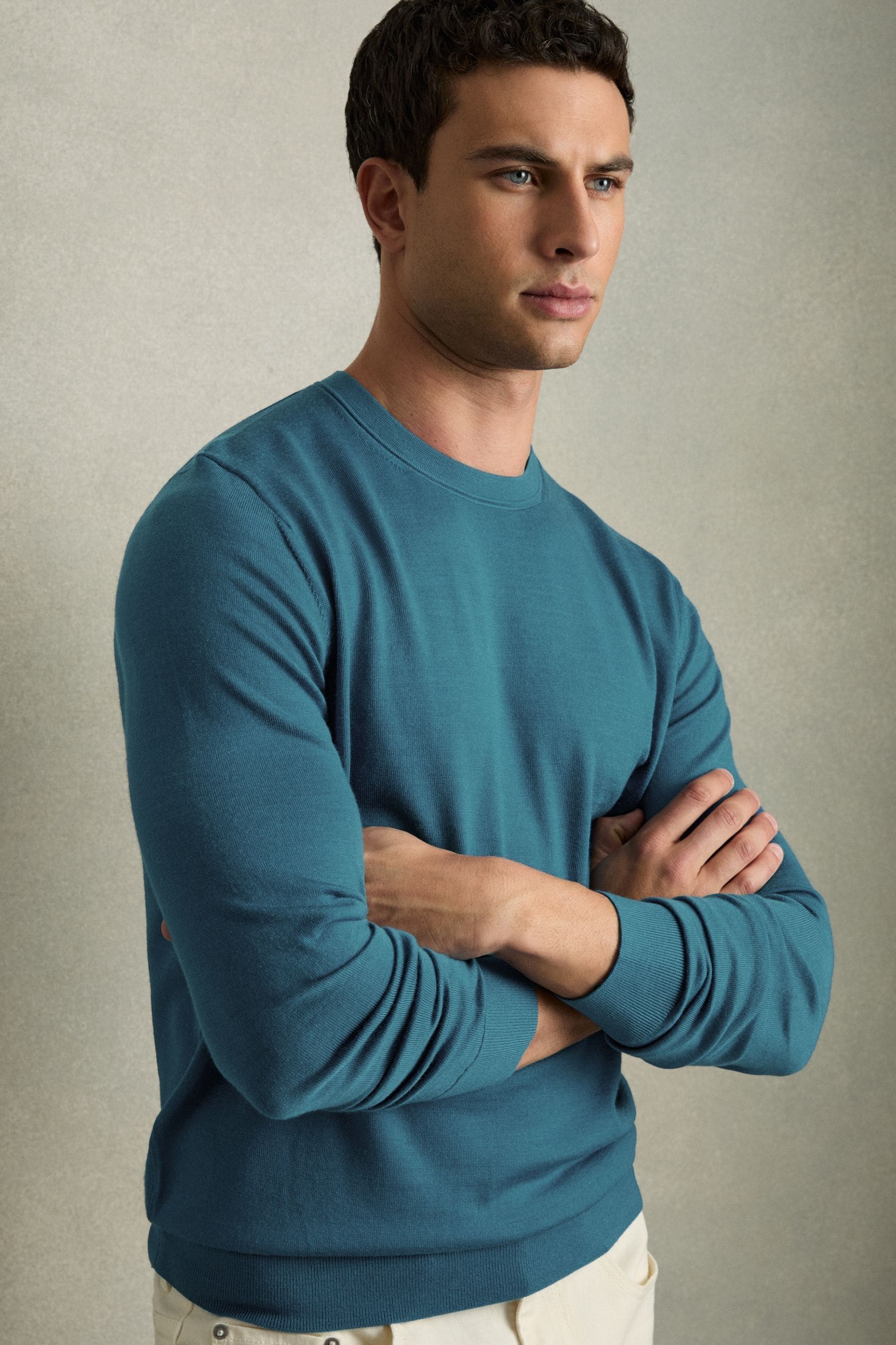 Reiss Deep Teal Blue Merino Wool Crew Neck Jumper, S