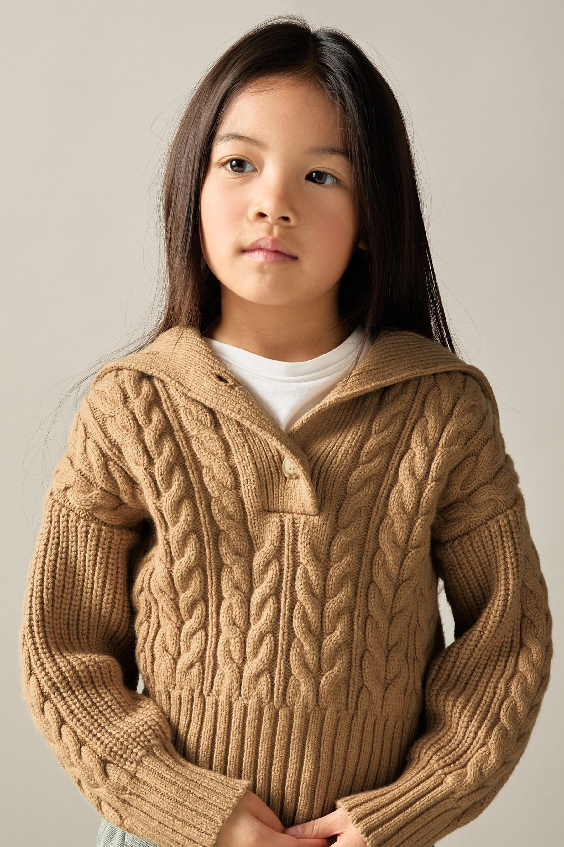REISS CAMEL ETTA COTTON-BLEND OPEN-COLLAR CABLE-KNIT JUMPER WITH WOOL