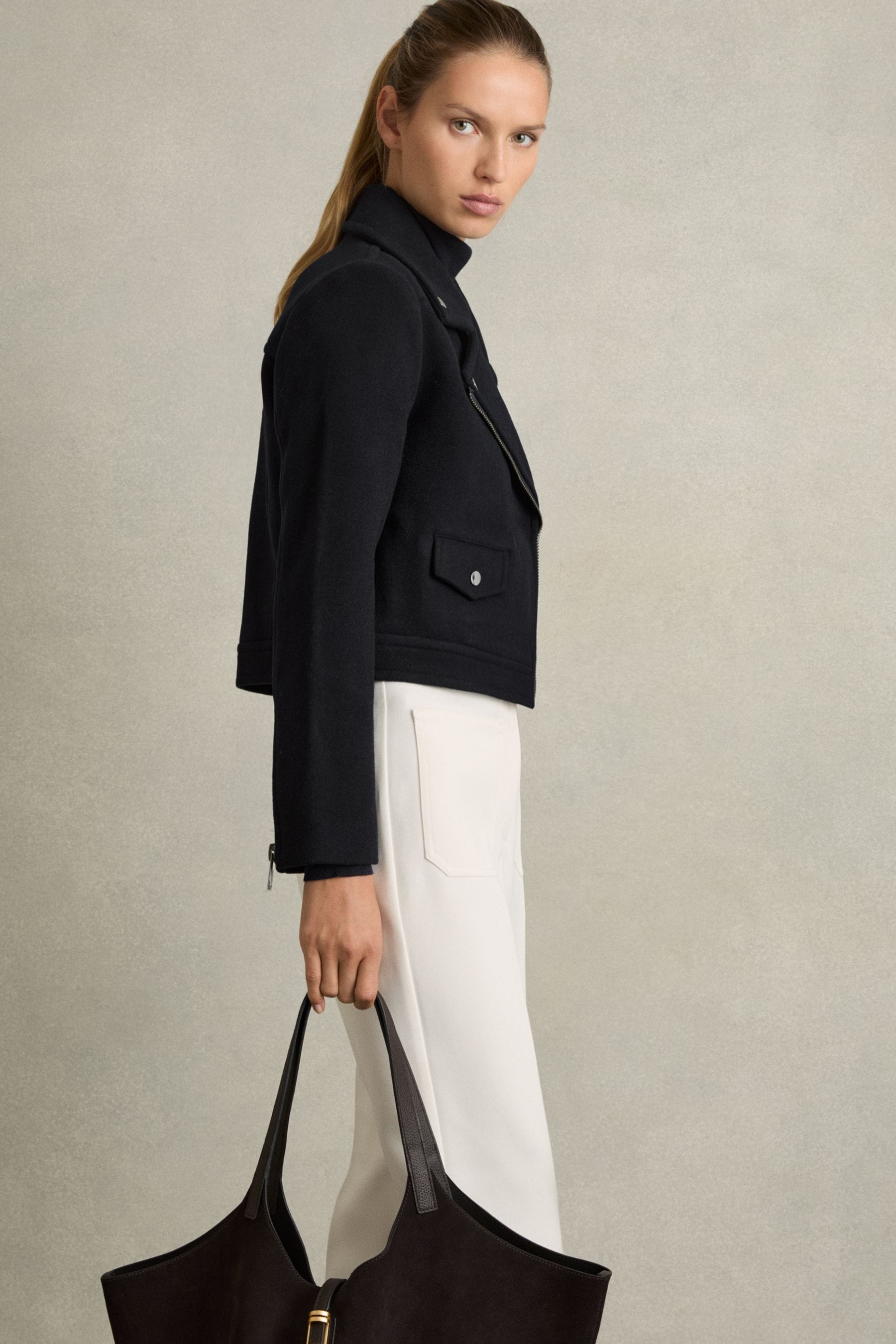 Reiss Navy Wool-blend Biker Jacket