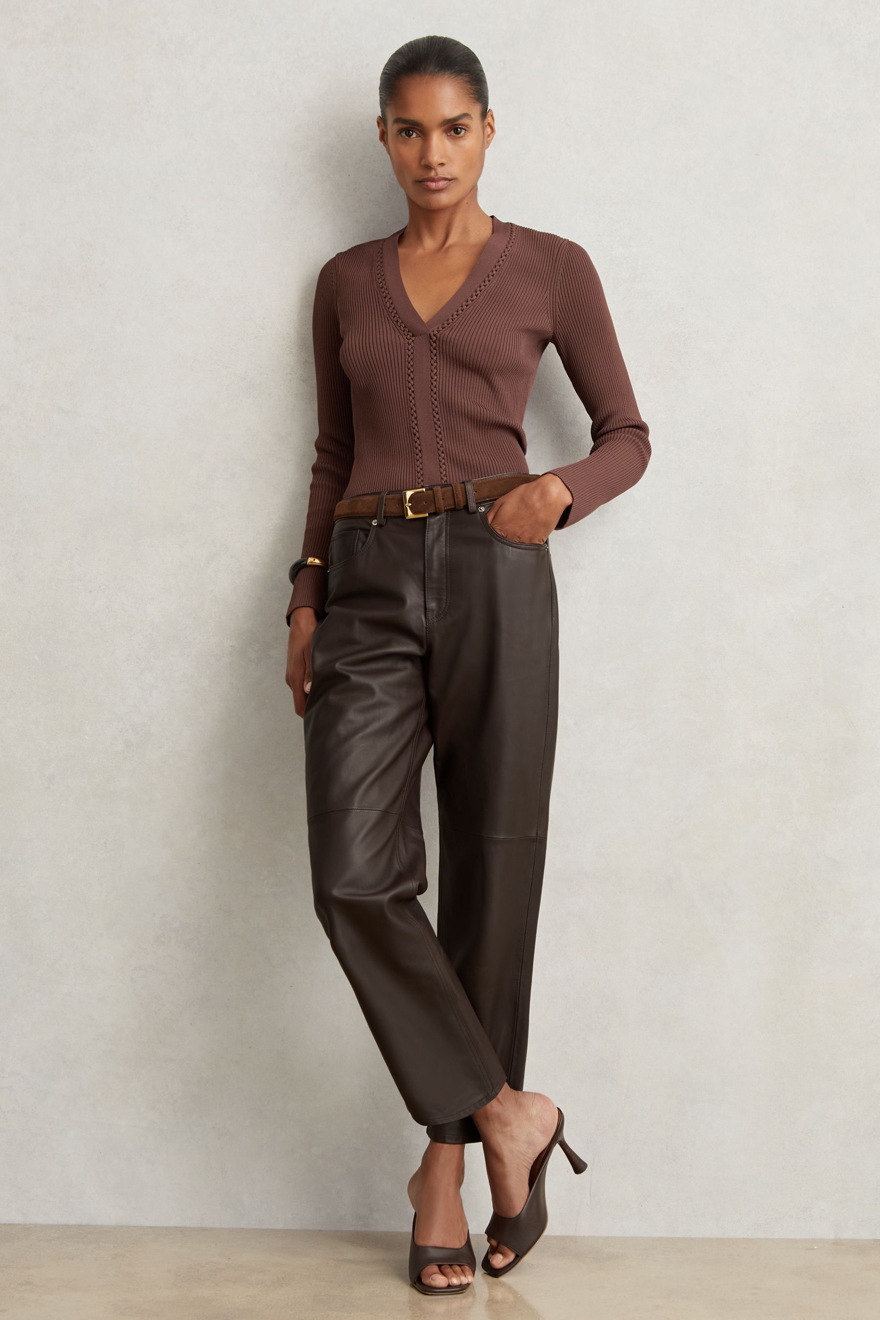 Reiss Verona Trousers Leather Plain, Chocolate Size: 10