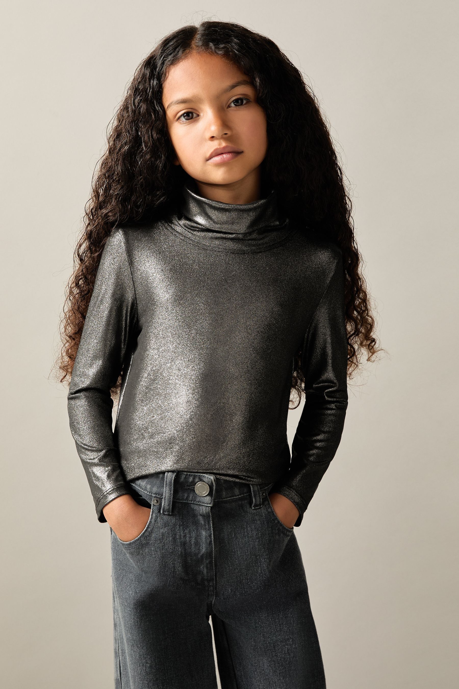 REISS SILVER CASEY 9-13 YRS METALLIC-THREAD ROLL-NECK TOP