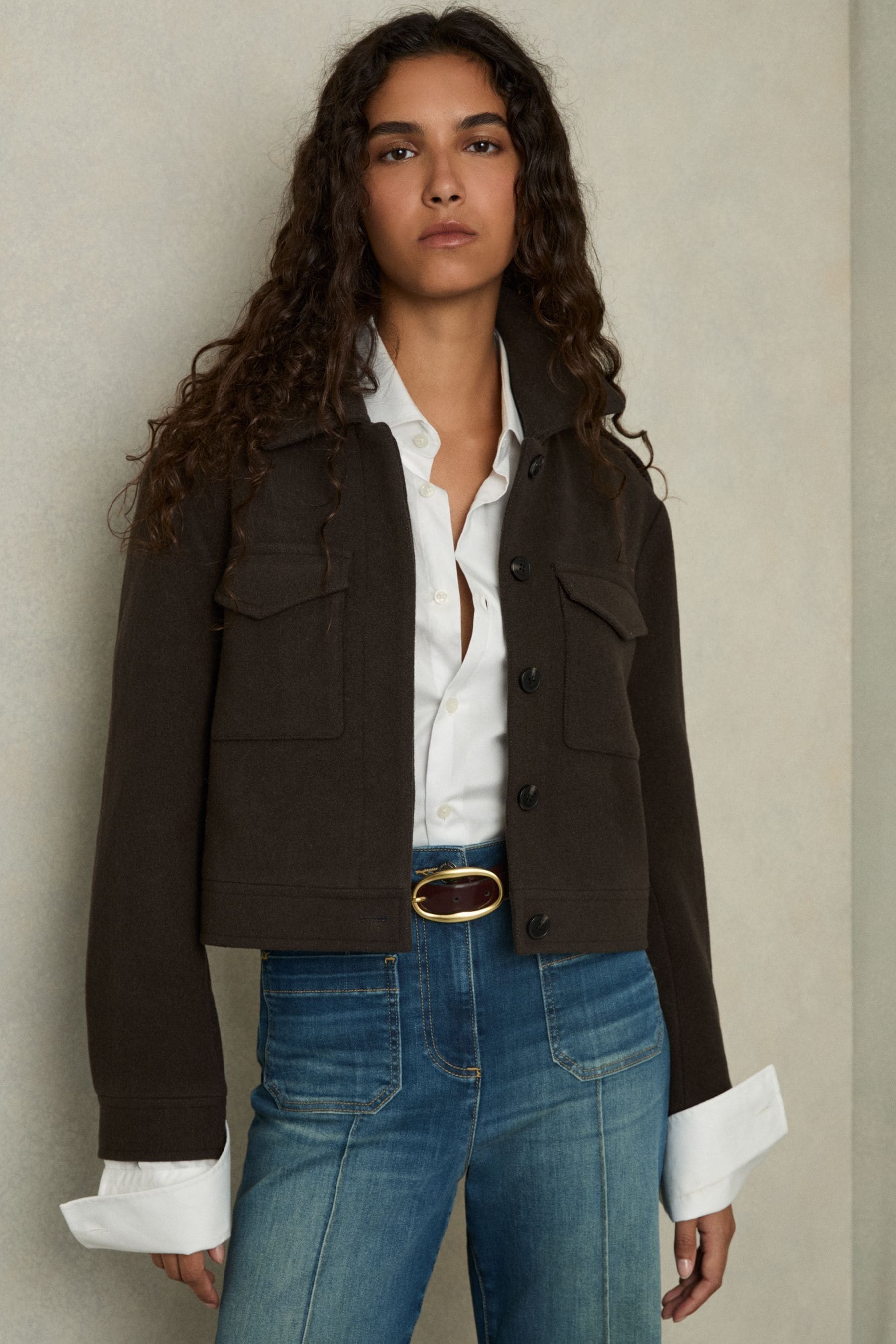 Reiss Mocha Brown Wool-blend Cropped Jacket In Mocha Brown