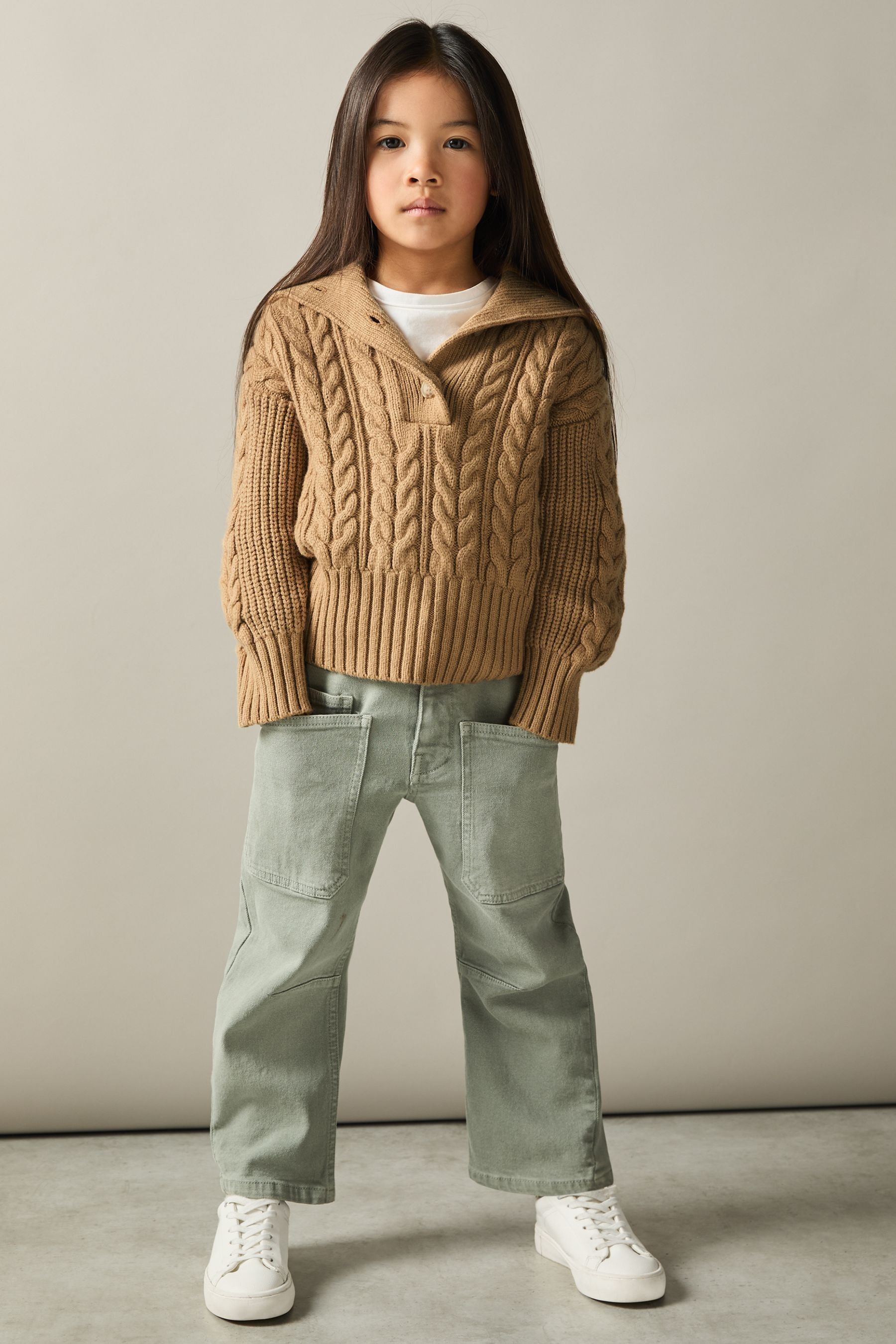 REISS CAMEL ETTA COTTON-BLEND OPEN-COLLAR CABLE-KNIT JUMPER WITH WOOL
