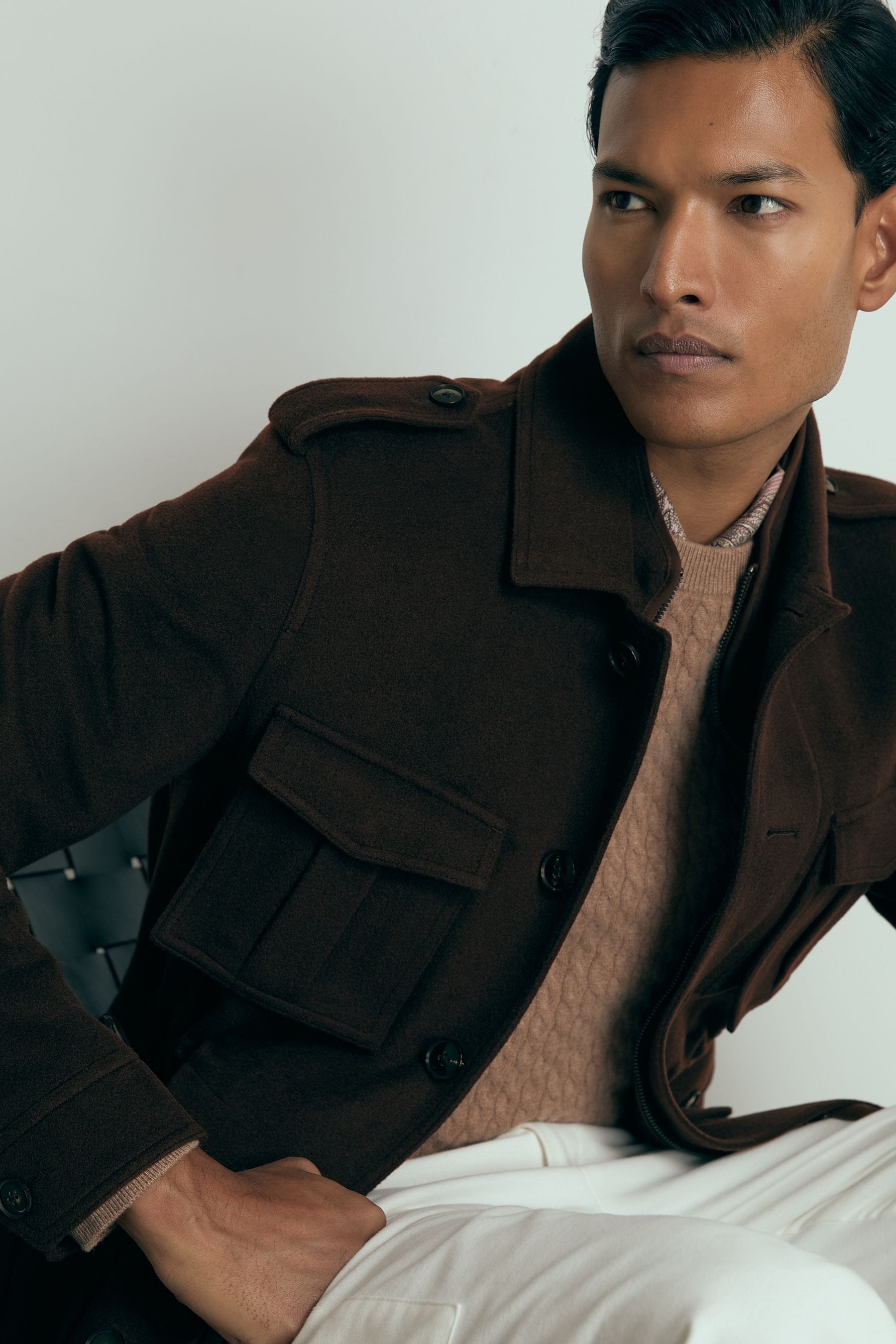 Reiss Chocolate Brown Atelier Felted-Cashmere Field Jacket, M