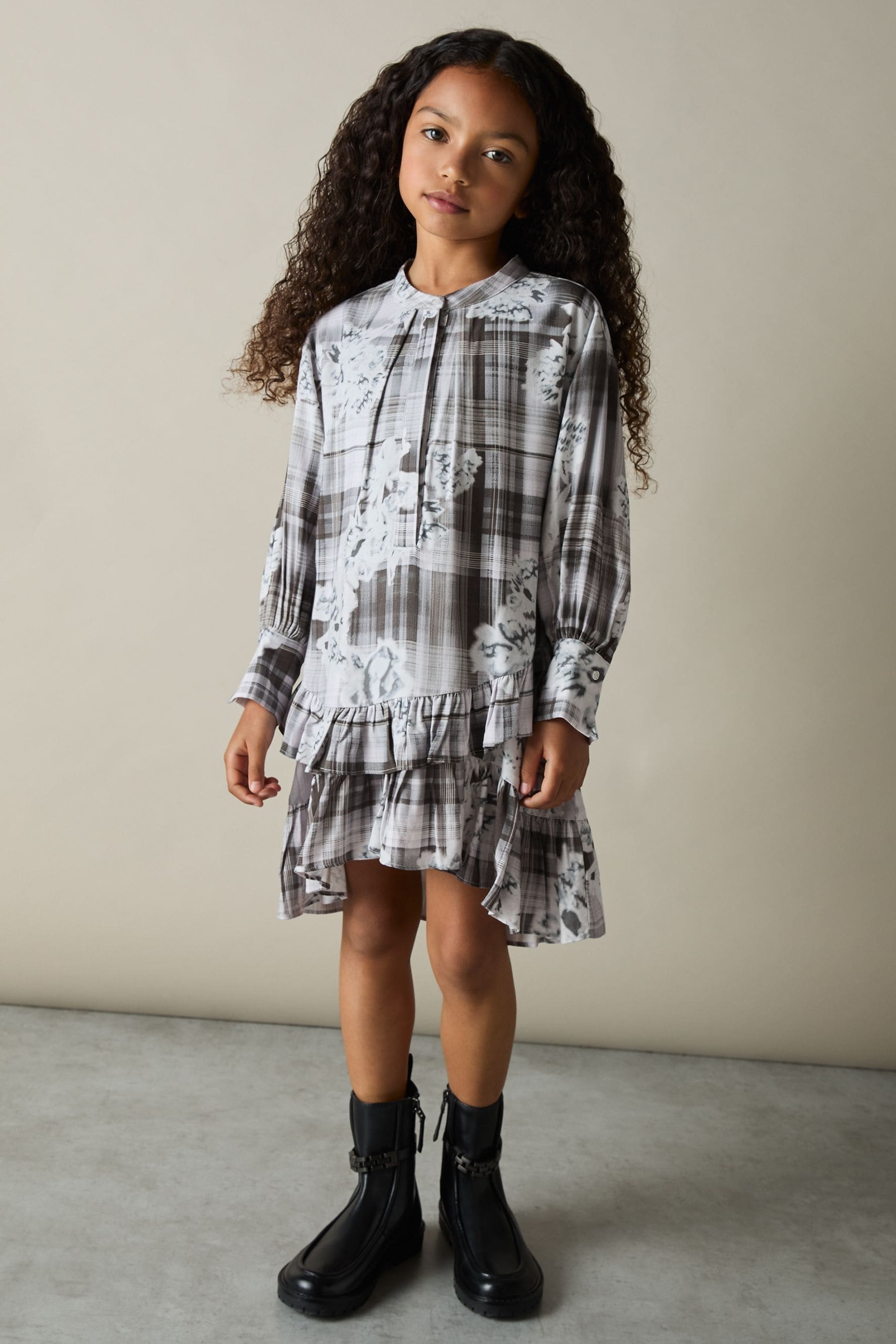 REISS GREY ALODIE FLORAL-CHECK TIERED-FRILL DRESS