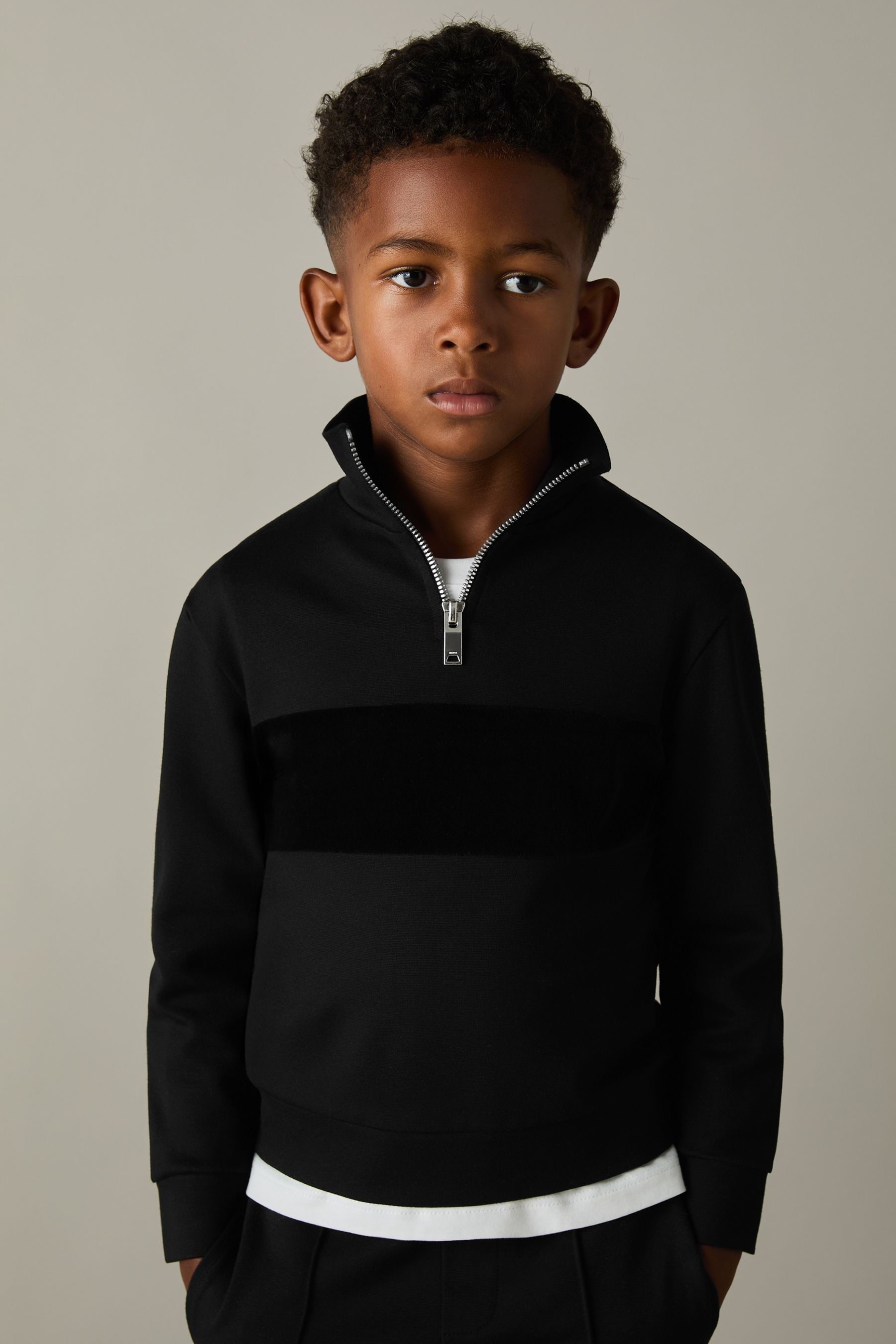 Reiss Black Selin 3-9 Yrs Slim Fit Half-zip Funnel Neck Velour Sweatshirt In Black