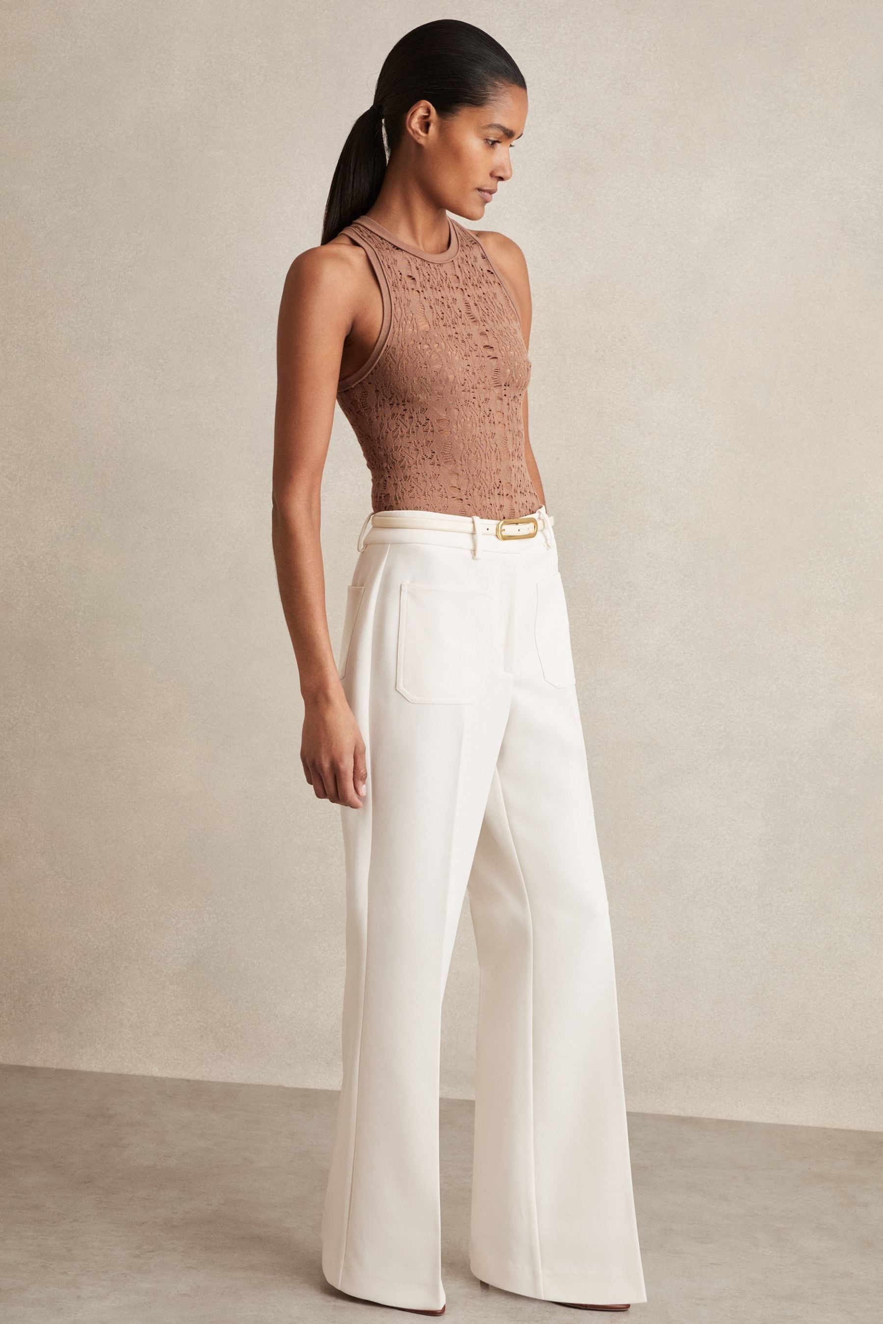 Reiss Cream Priya Twill High-rise Flared Trousers