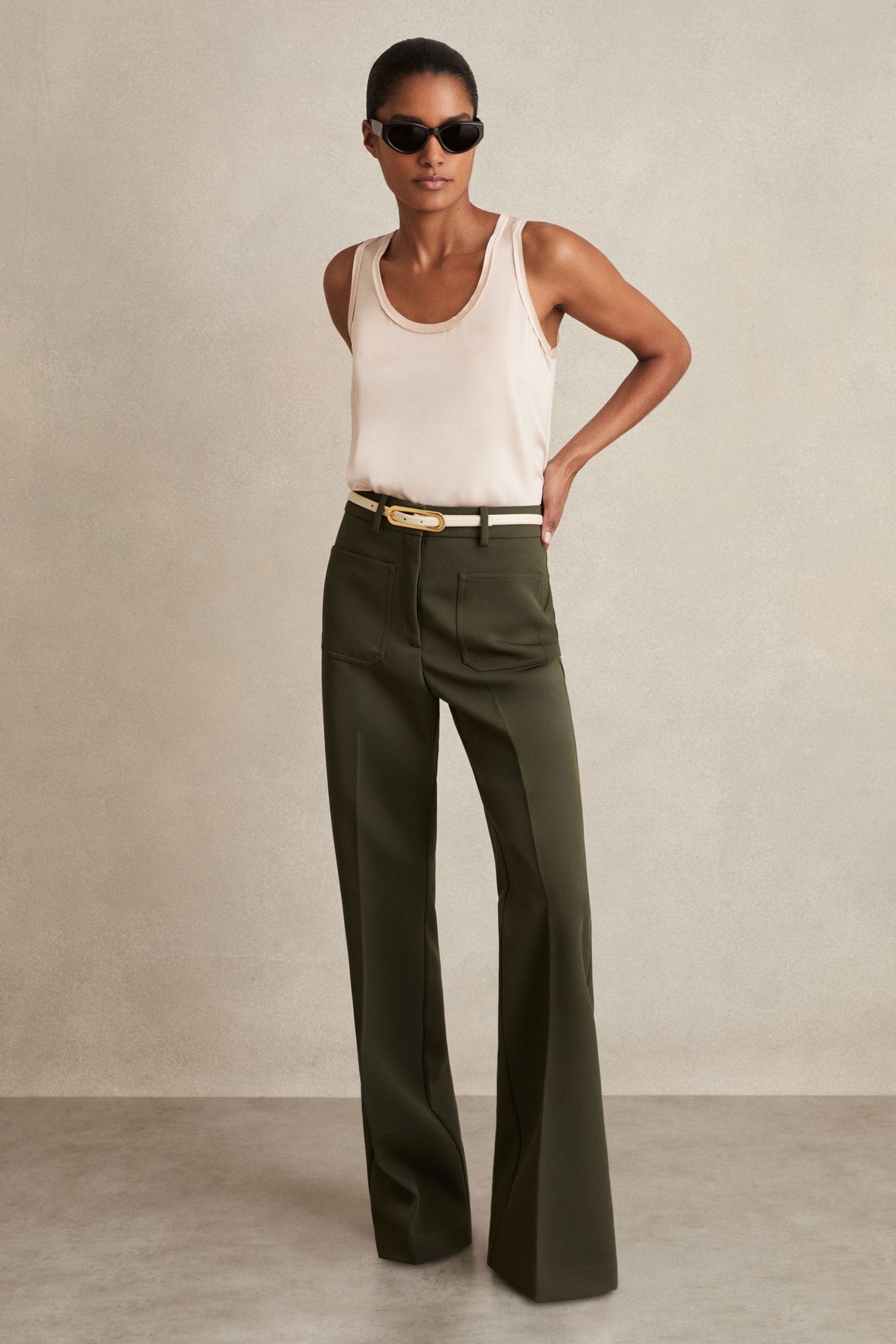 Reiss Green Priya Twill High-rise Flared Trousers