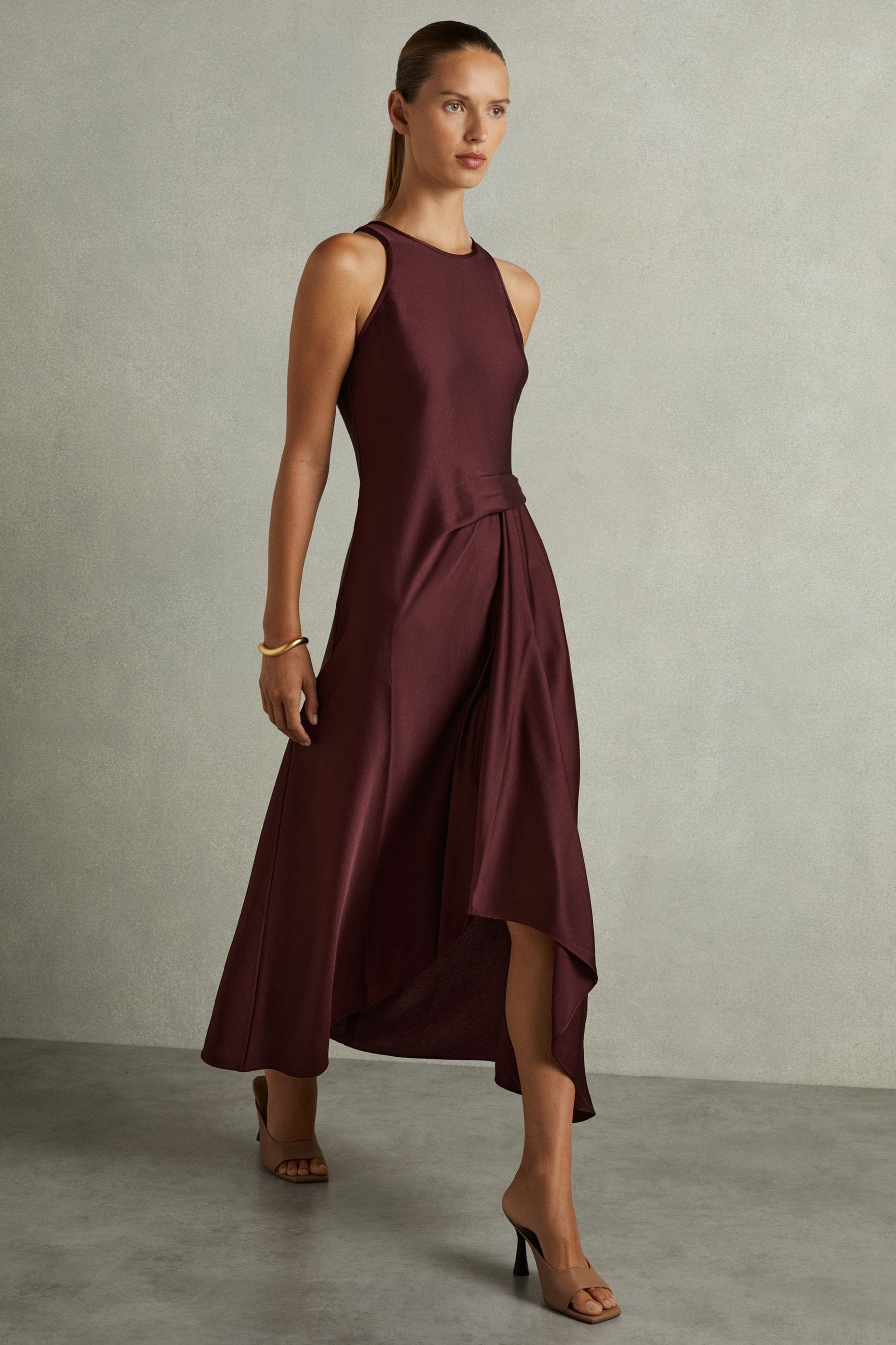 Shop Reiss Burgundy Satin Drape Tuck Midi Dress