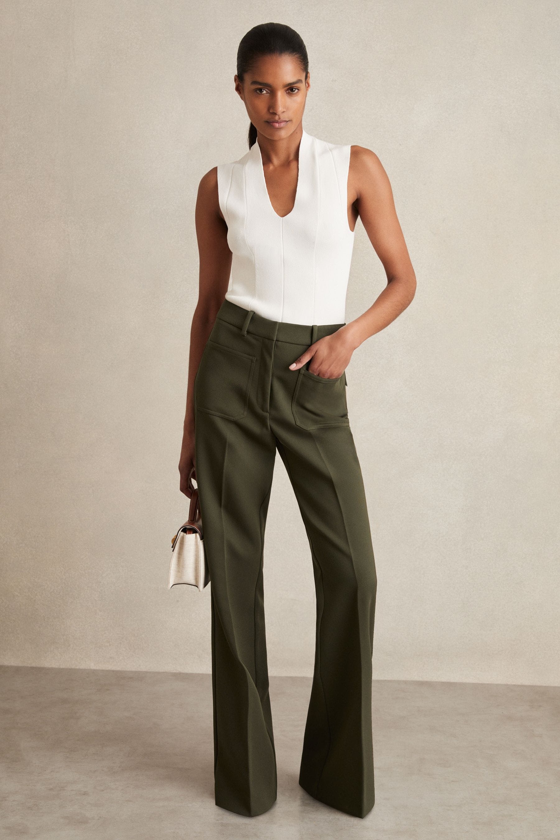 Reiss Green Priya Petite Twill High-rise Flared Trousers